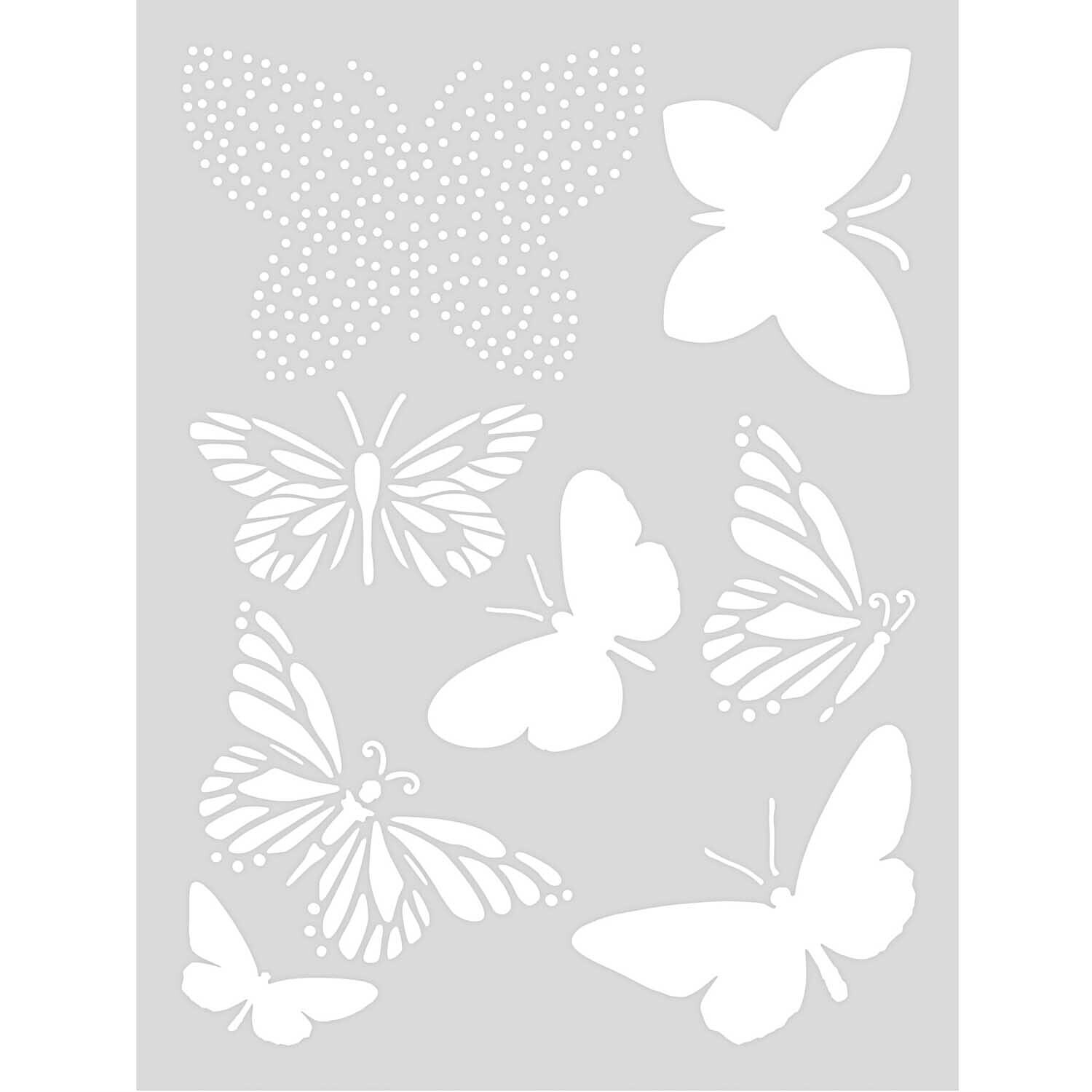 Schablone Schmetterling 18,5x24,5cm selbstklebend zeigt verschiedene Schmetterlingsmuster von Rico Design.