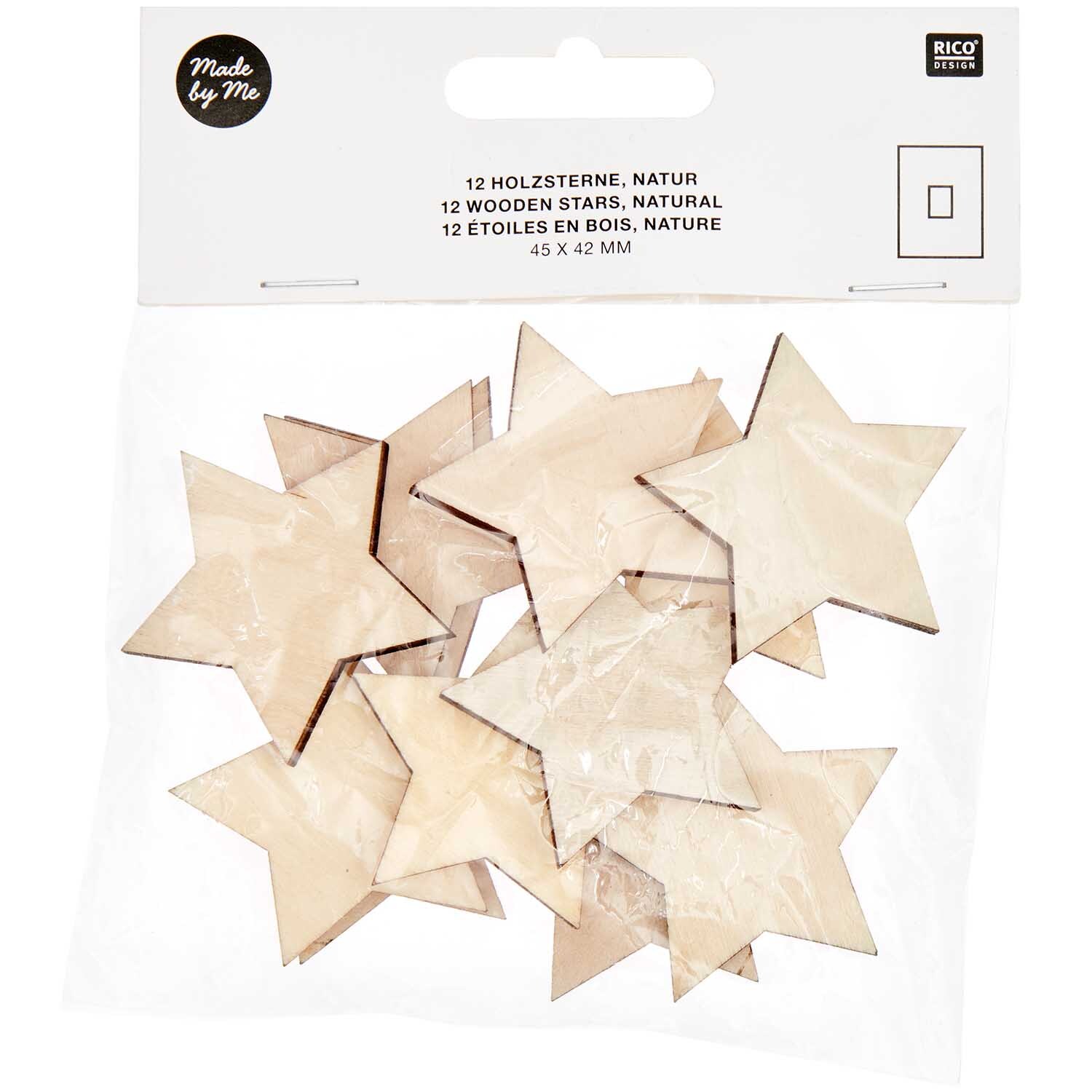 Holzsterne groß 45x42mm 12 Stück von Rico Design in Natur. Zeigt eine Packung mit zwölf Holzsternen.