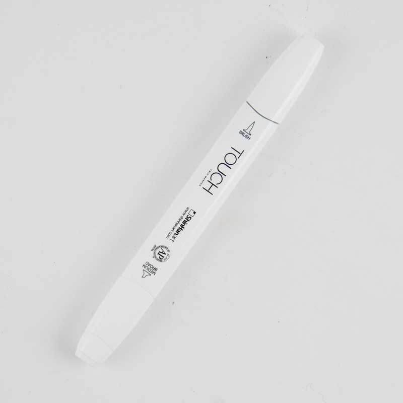 Twin Brush Marker Colorless Blender 0 von TOUCH, ein weißer Marker mit zwei Spitzen auf grauem Hintergrund.