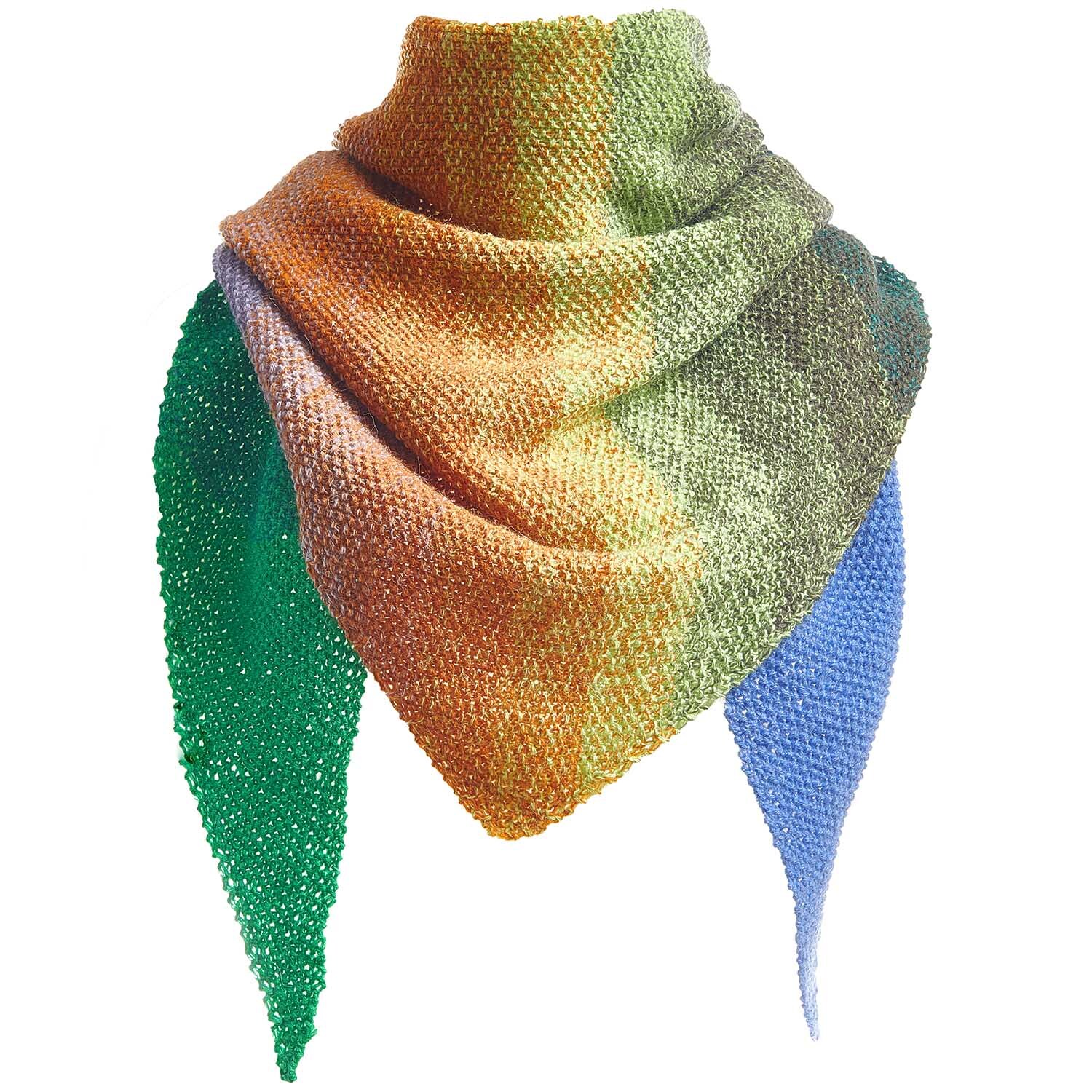 Creative Alpaca Dégradé Lucky 8: Dreieckstuch in Grün, Orange und Blau von Rico Design, Retro-Stil.