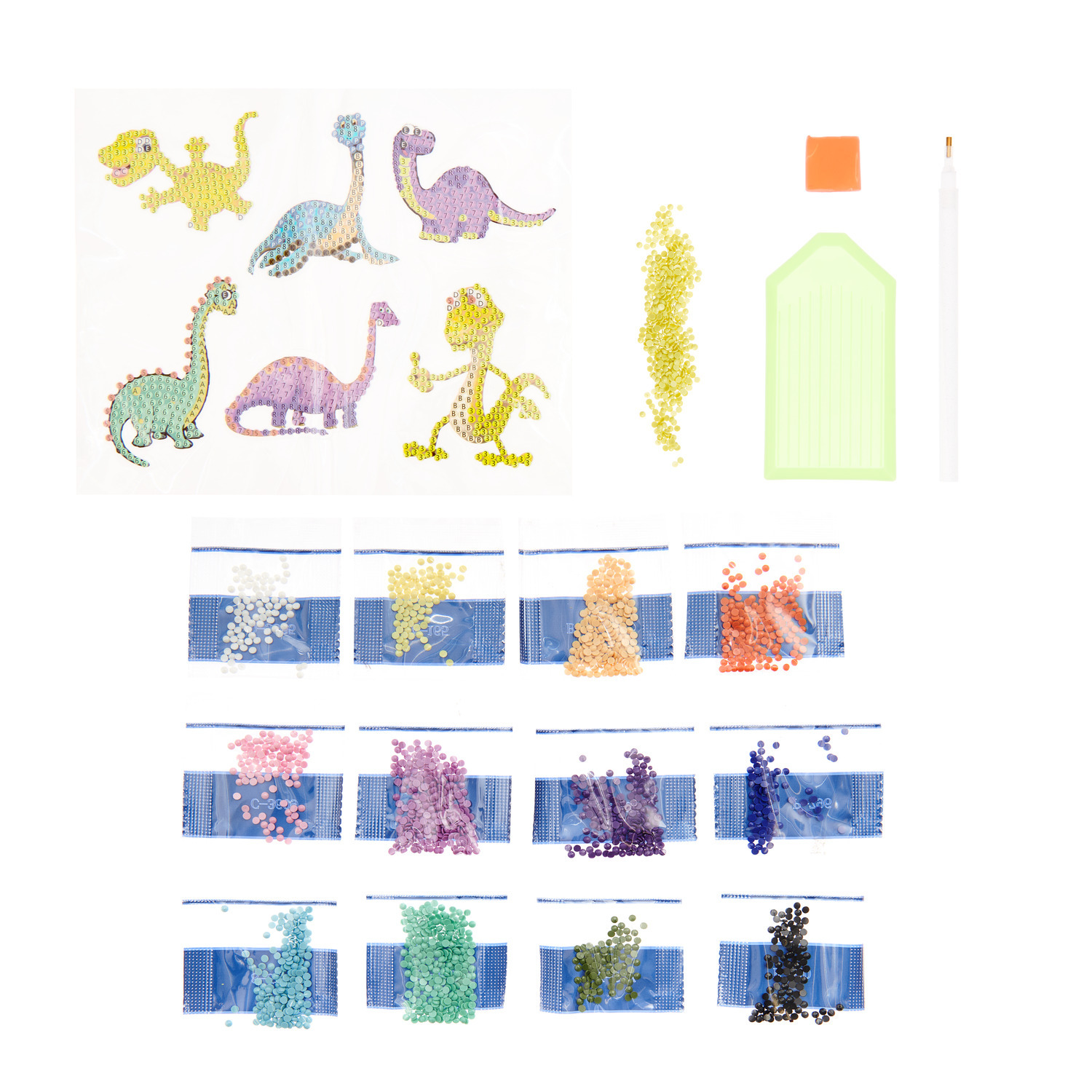 Diamond Painting Sticker Urzeit: Bunte Dinosaurier-Sticker mit Zubehörset, ideal für kreative Bastelprojekte. Enthält 6 Stück in verschiedenen Farben.