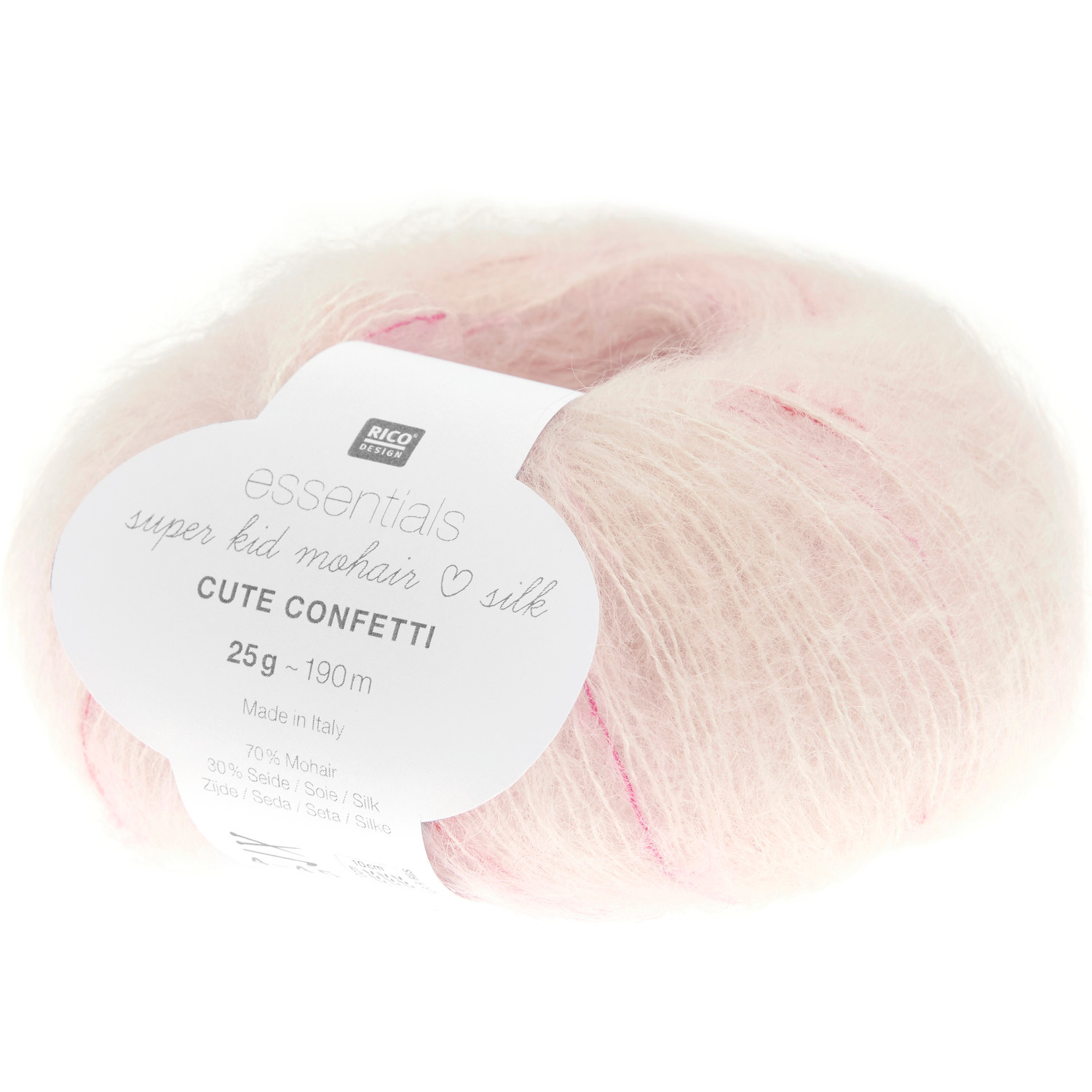 Essentials Super Kid Mohair Loves Silk Cute Confetti in zartem Rosa, 25g, 190m, ideal für Strickprojekte.
