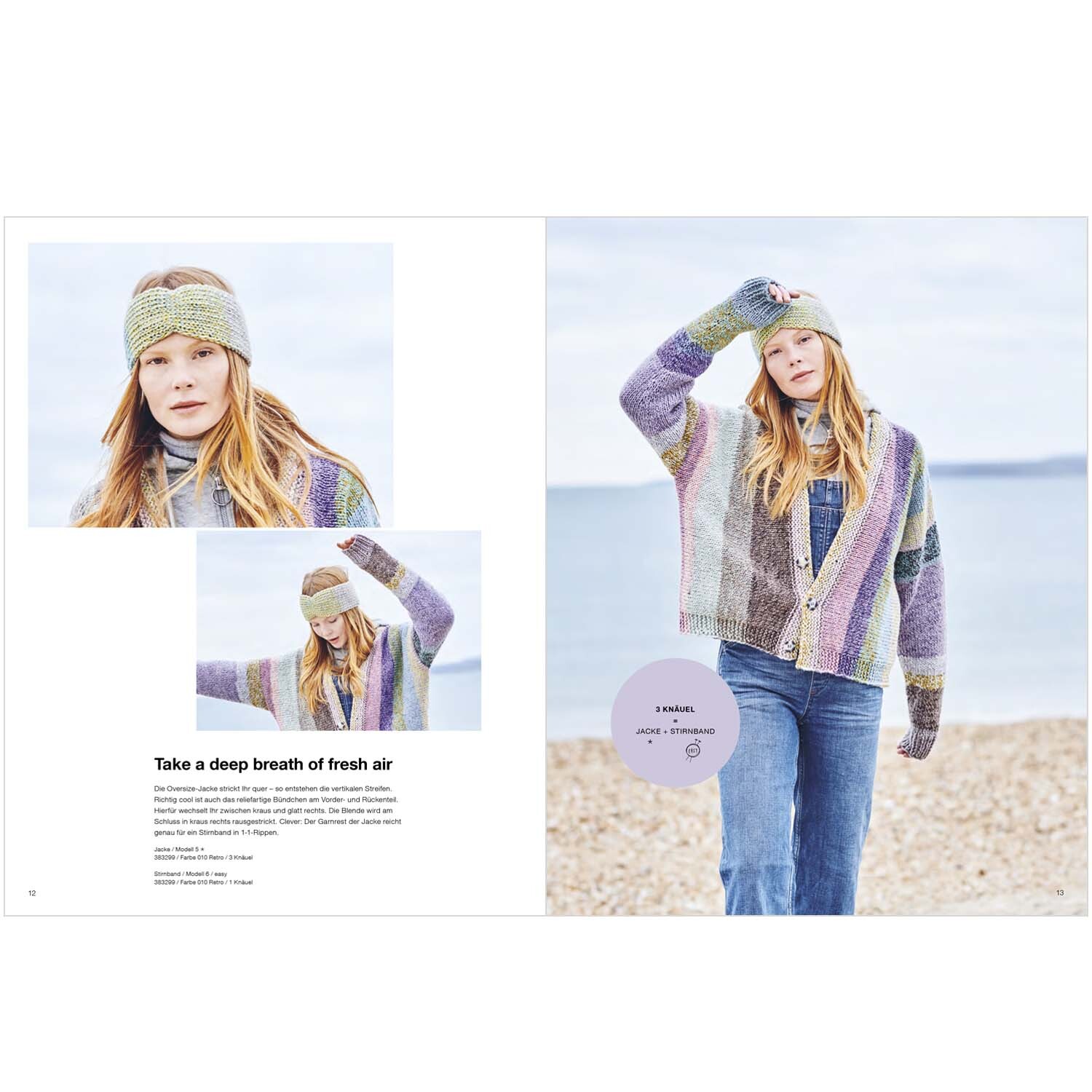 Chic Unique Special: Frau am Strand in gestreifter Strickjacke und Stirnband von Rico Design.