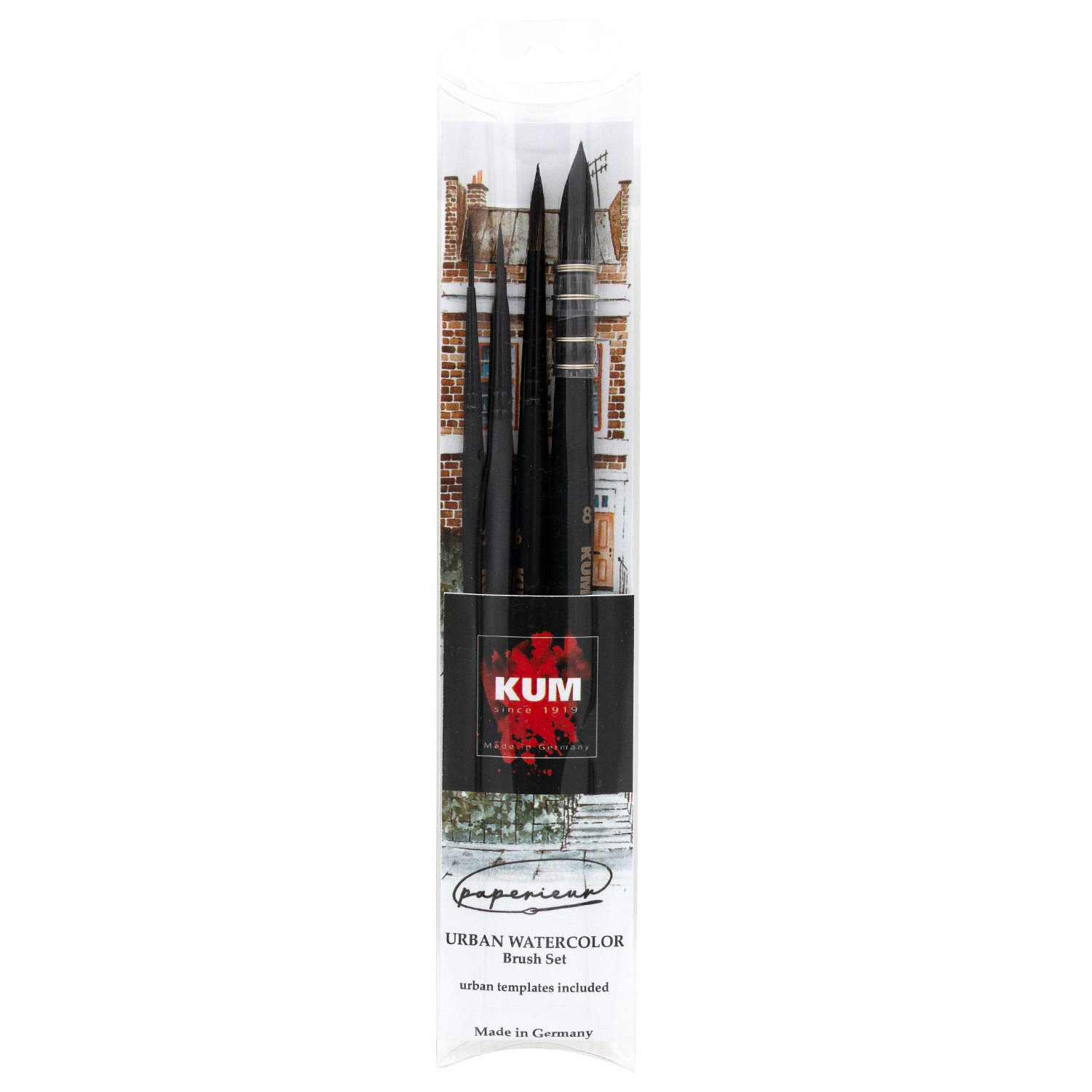 Pinsel Set Urban Waterc. Paperieur, 4 Stück, schwarze Pinsel, ideal für Aquarellmalerei, Marke KUM. Verpackung zeigt städtisches Motiv.