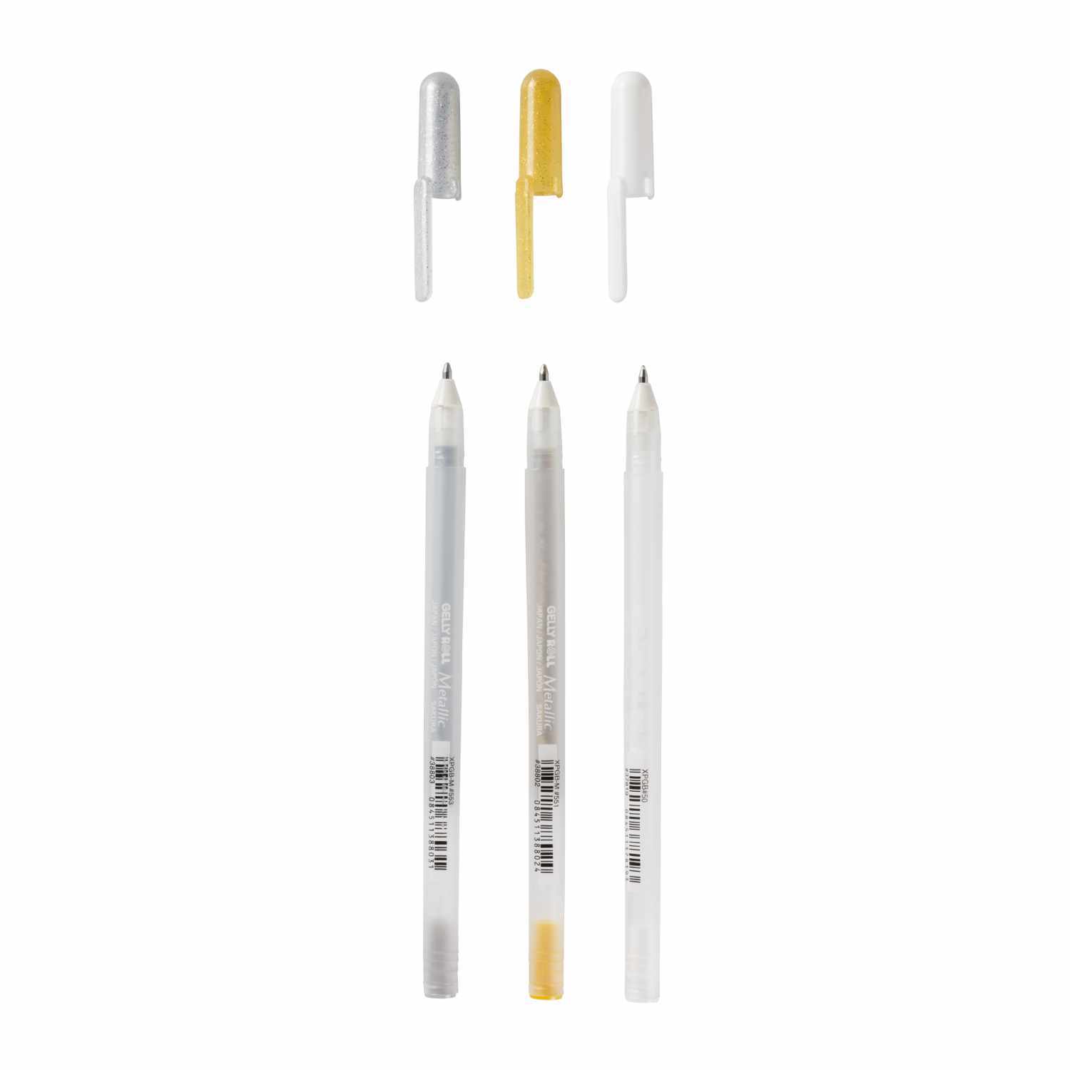 Gelly Roll Gelstifte Set mit drei Stiften in Gold, Silber und Weiß von SAKURA, ideal zum Zeichnen.