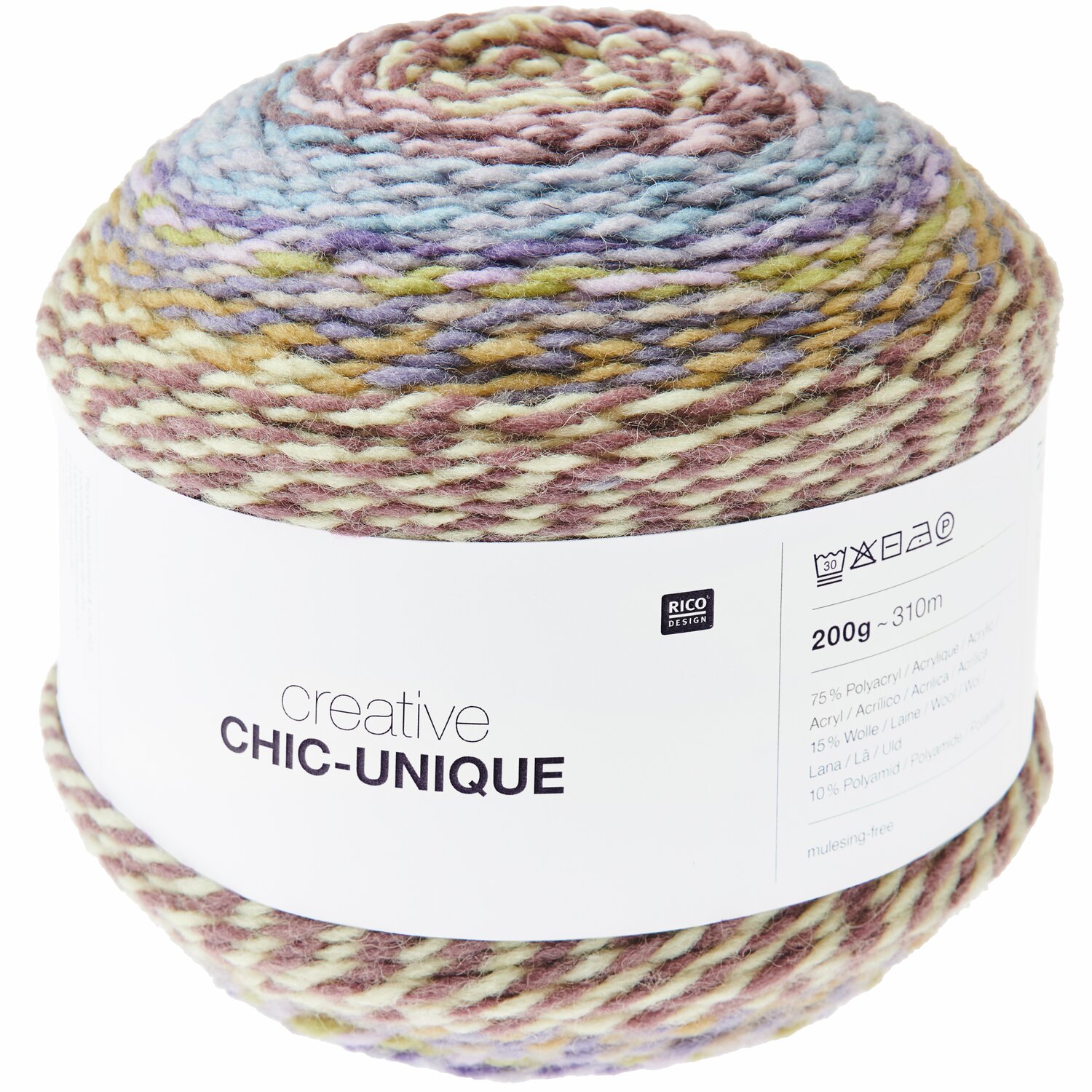 Creative Chic-Unique: Bunter Garnknäuel von Rico Design, 200g 310m, ideal für Strickprojekte.