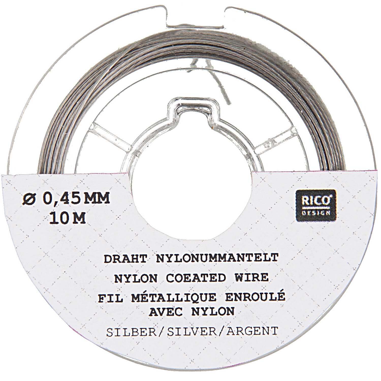 Edelstahlseide 0,45mm 10m von Rico Design, silberfarbig, auf einer Spule mit Nylonummantelung.