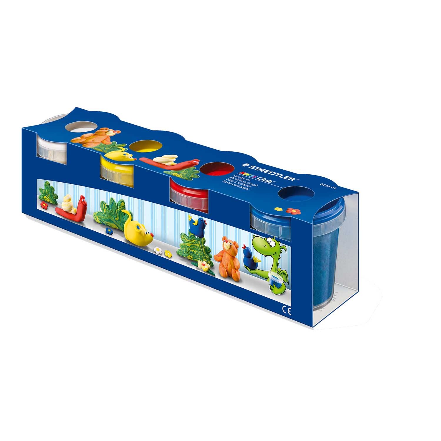 Spielknete 4x130g von Staedtler in bunter Verpackung mit vier Dosen und kreativen Figuren.