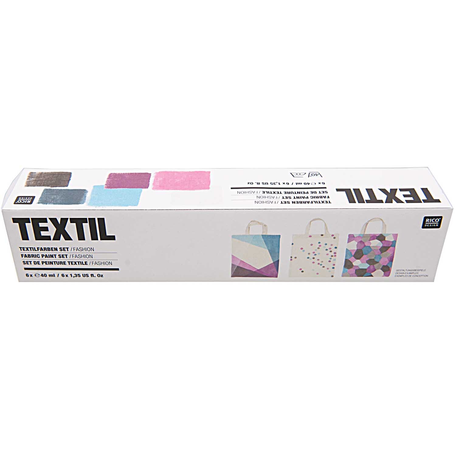 Textilfarben fashion Set mit 6x40ml in Multicolor von Rico Design. Verpackung zeigt bunte Muster und Taschen. Ideal für kreative Projekte.