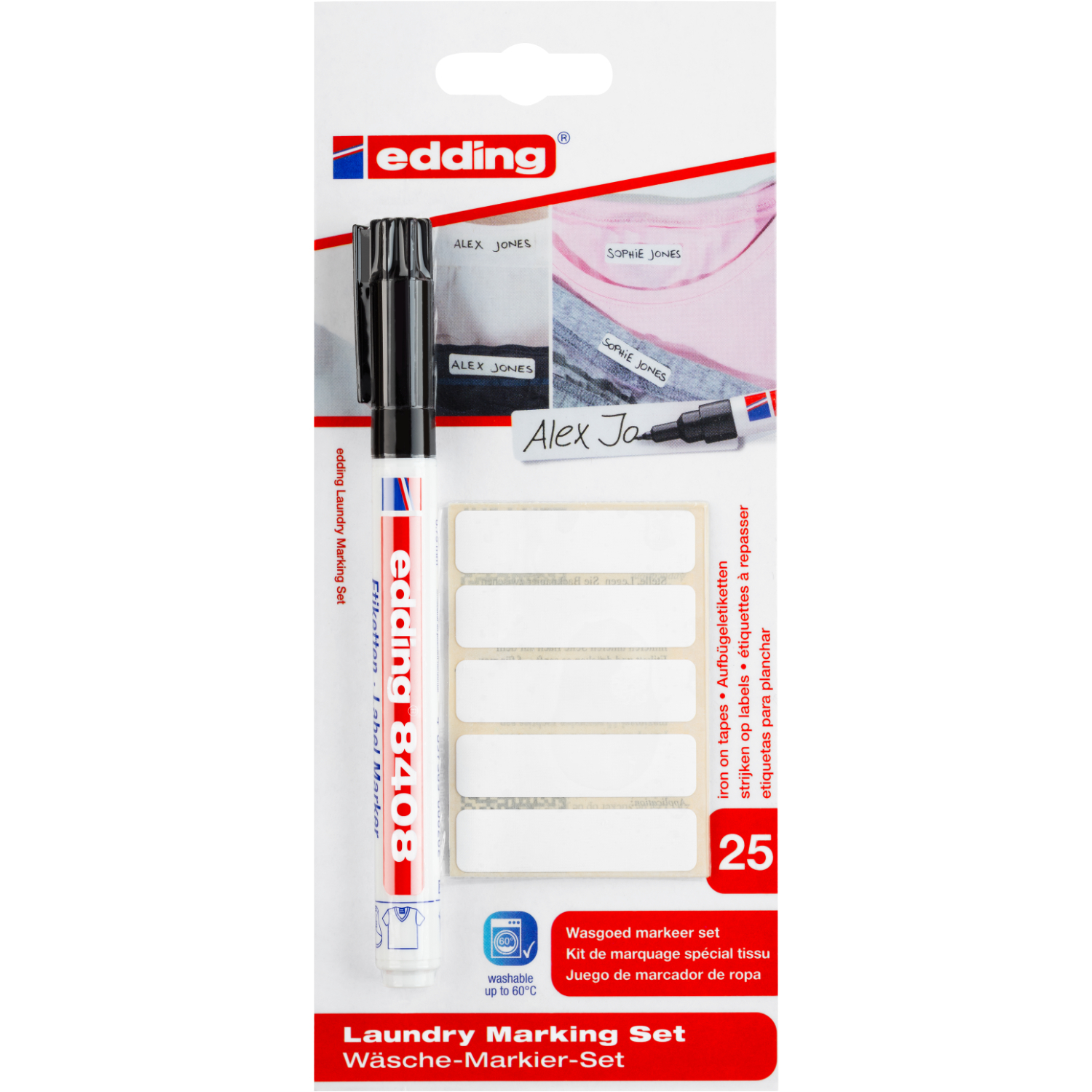 Wäsche-Markier-Set inkl. 25 Etiketten von edding, ideal zum Beschriften von Kleidung. Enthält schwarzen Marker und Etiketten für dauerhafte Markierungen.