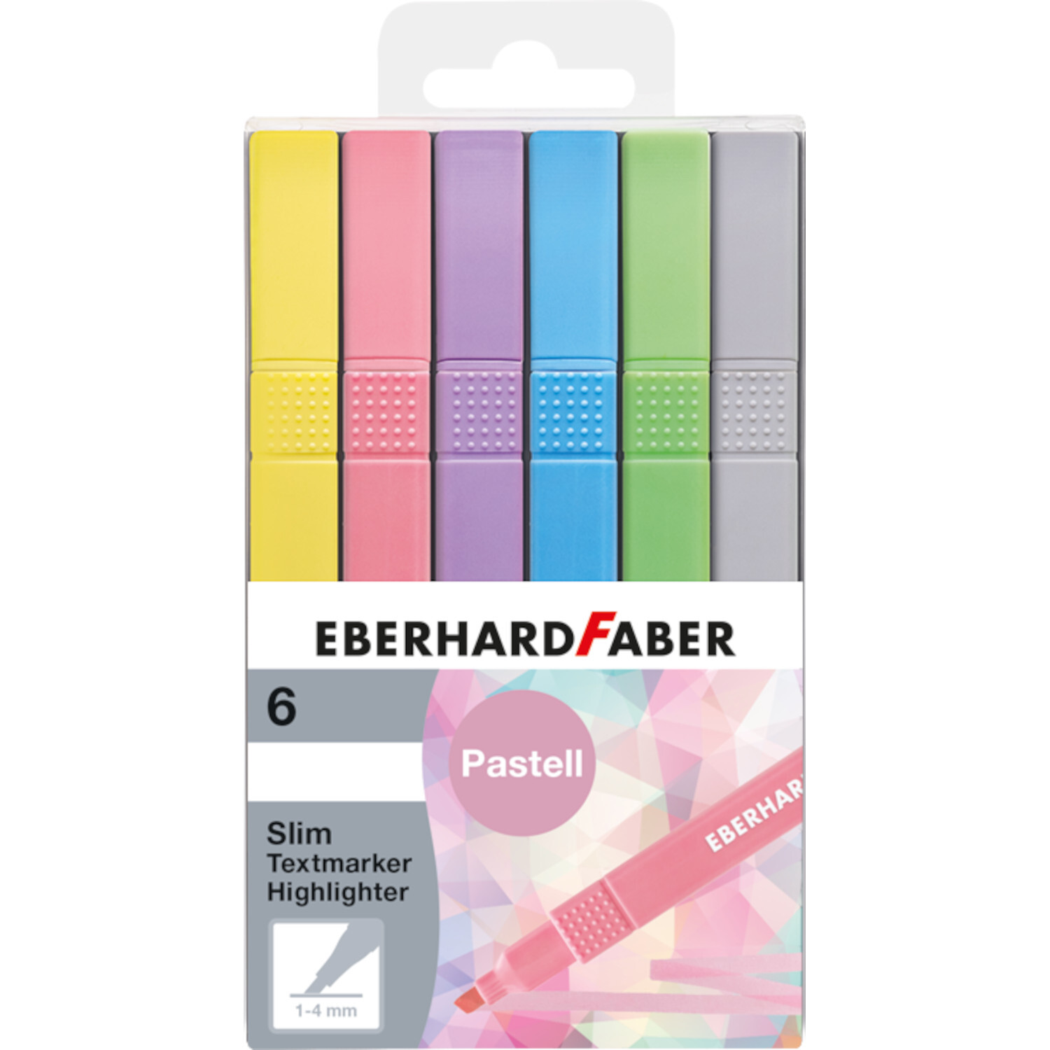 Textmarker Slim Natural Shades 6 Stück von Eberhard Faber in Pastellfarben in einer Verpackung.