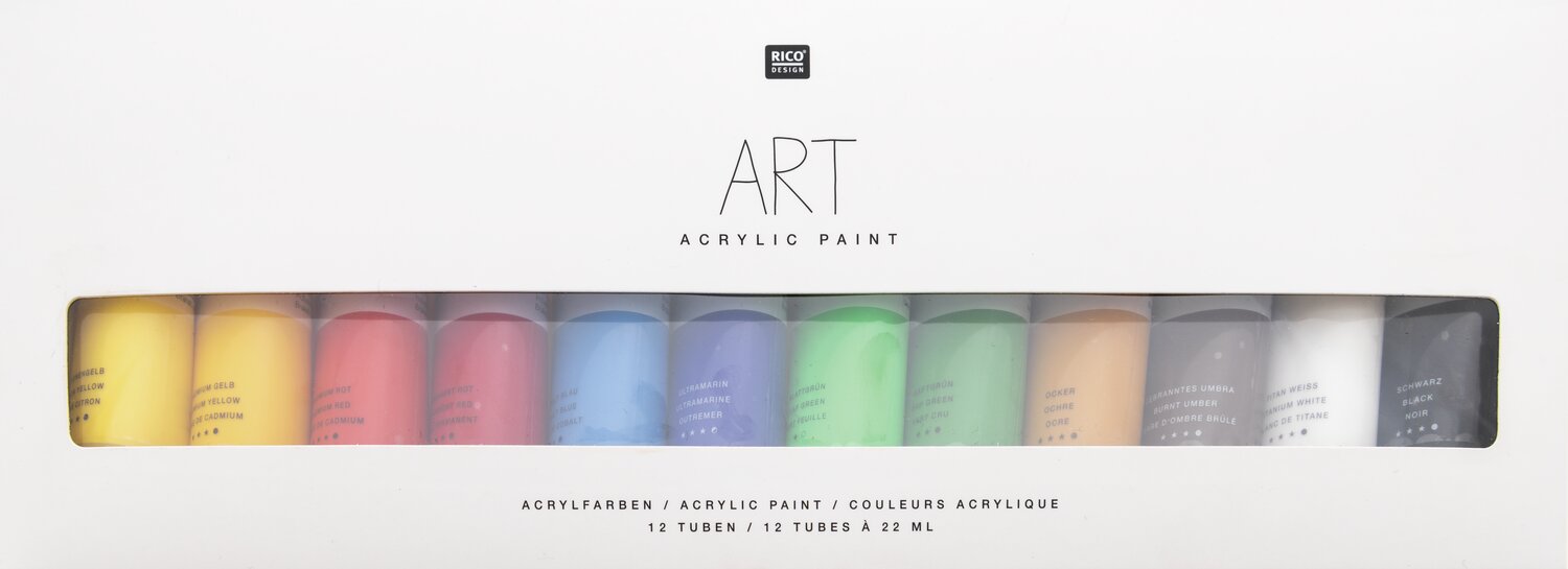 Art Acrylic Set, 12x22ml: Bunte Acrylfarben von Rico Design in einer weißen Verpackung. Ideal für kreative Projekte.