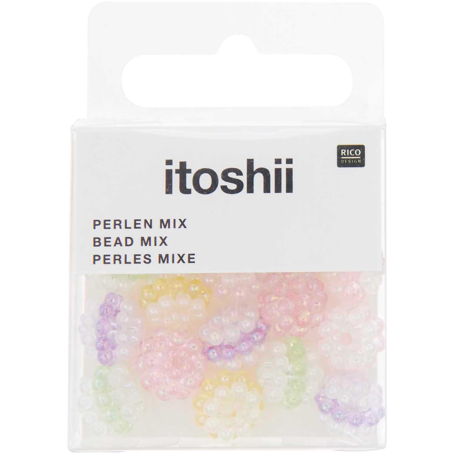 itoshii Perlen Bundle pastell 10mm 20 Stück: Pastellfarbene Perlen in einer transparenten Verpackung von Rico Design. Ideal für kreative Bastelprojekte.