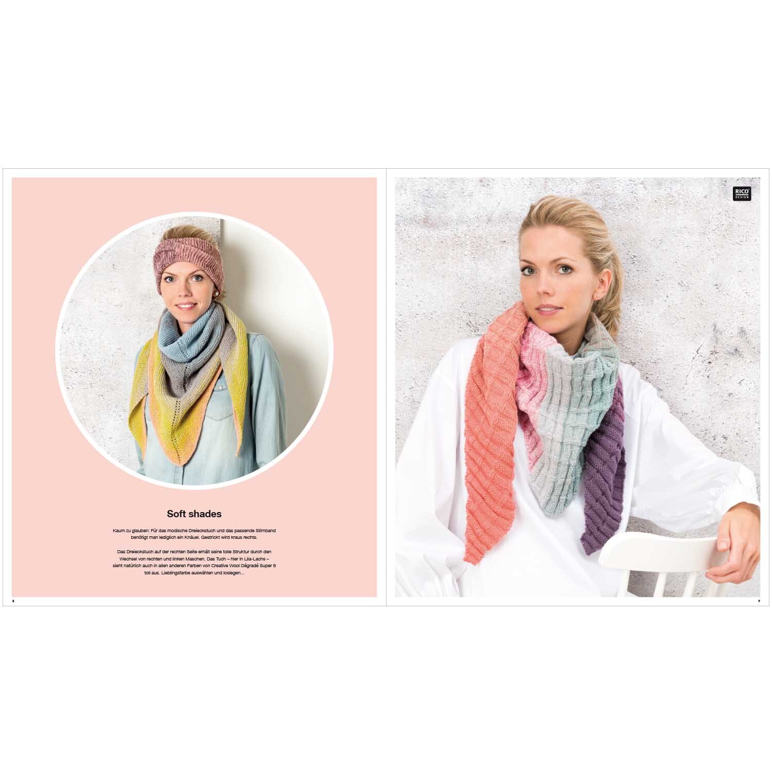 Publikation Wool Dégradé Special: Frau trägt farbenfrohen Schal von Rico Design, ideal für stilvolle Akzente.