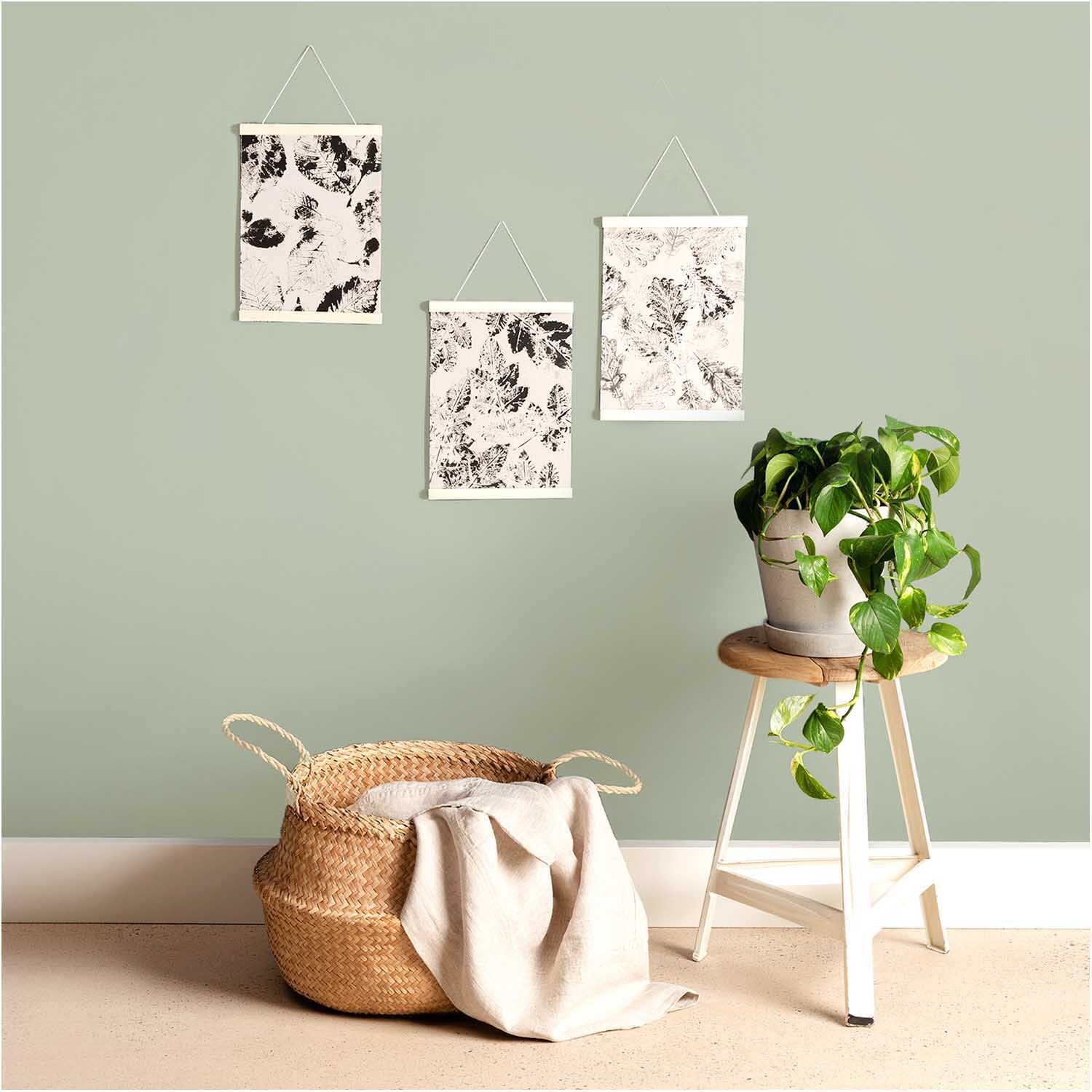 Posterleiste magnetisch natur: Drei Poster in magnetischen Leisten an grüner Wand, mit Pflanze und Korb im Vordergrund.