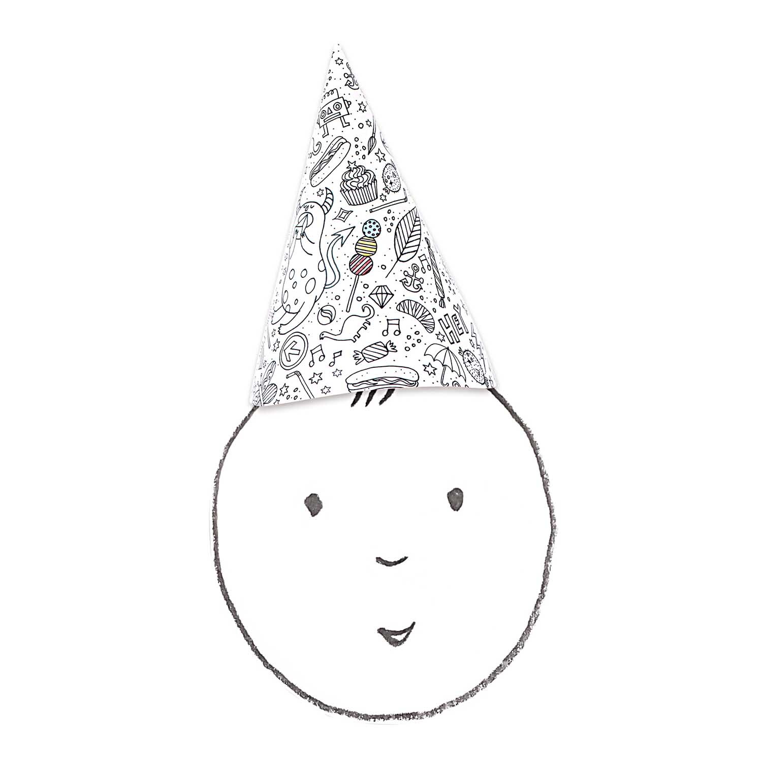 Paper Poetry Partyhüte zum Ausmalen, 8 Stück von Rico Design, auf einem gezeichneten Gesicht.