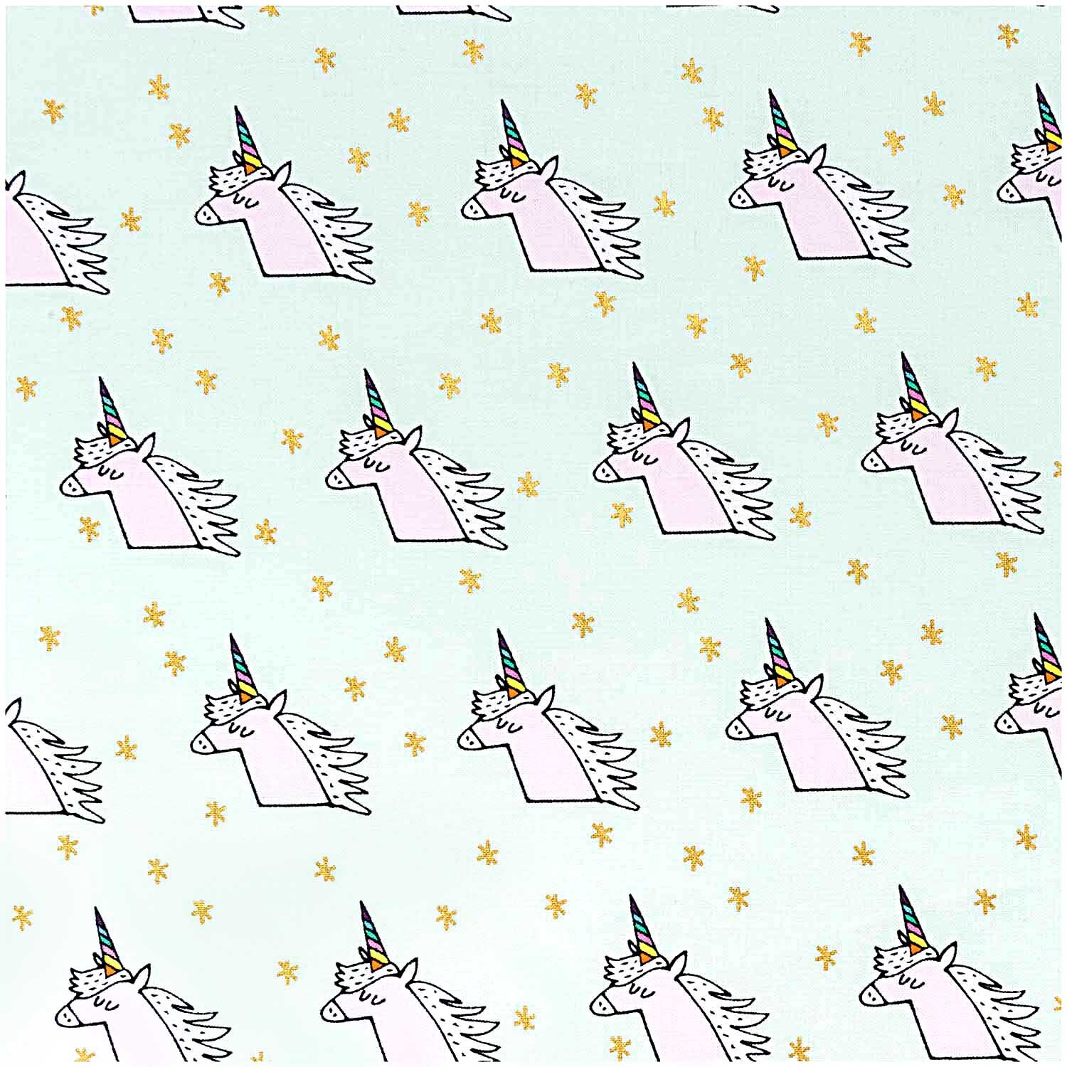 Stoff Einhorn mint-gold 140cm: Ein mintfarbener Stoff mit goldenen Sternen und Einhorn-Muster von Rico Design.