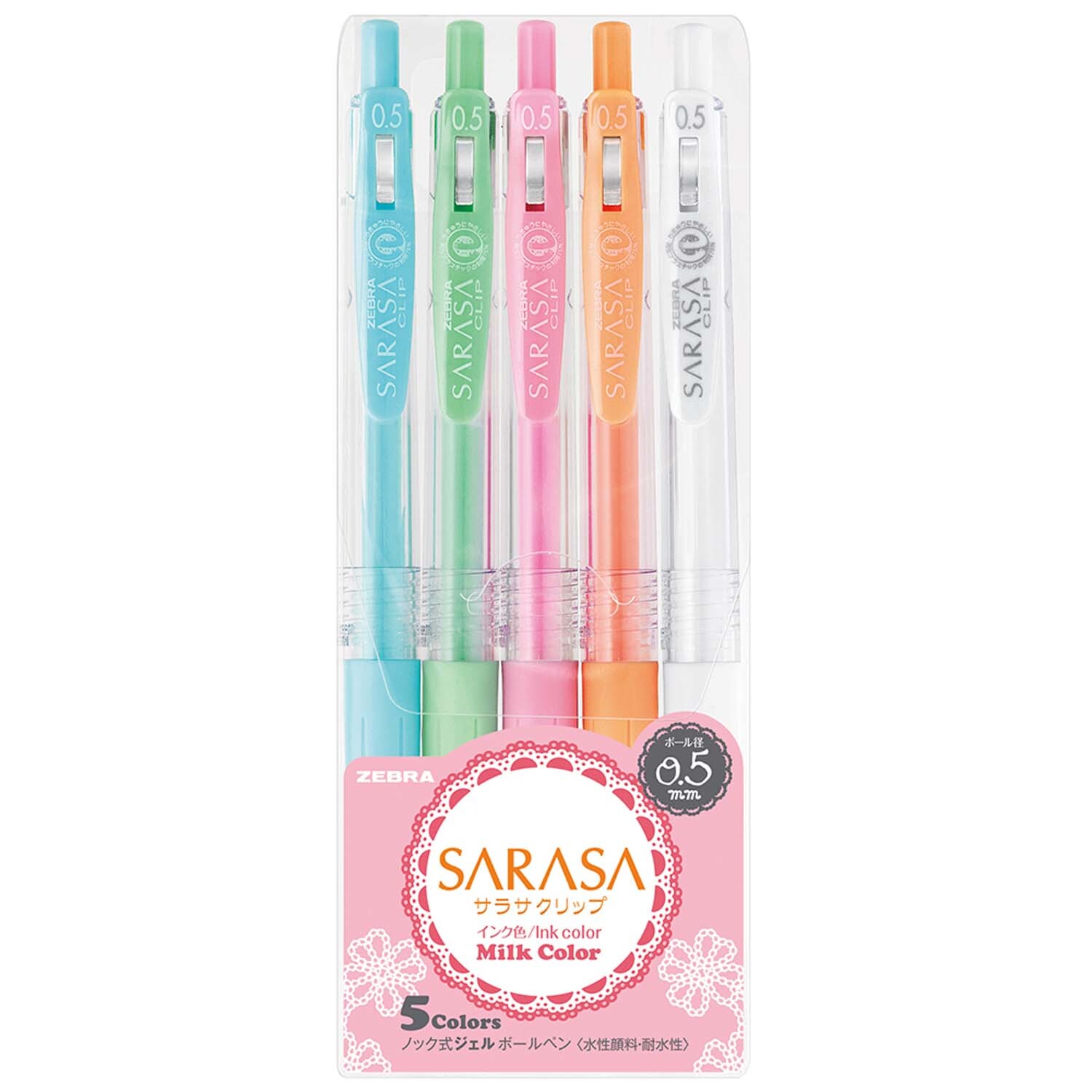 Sarasa Gel-Stifte mit Clip Milk Set 0,5mm 5 Stück in Pastellfarben von ZEBRA, ideal für kreatives Schreiben und Zeichnen.