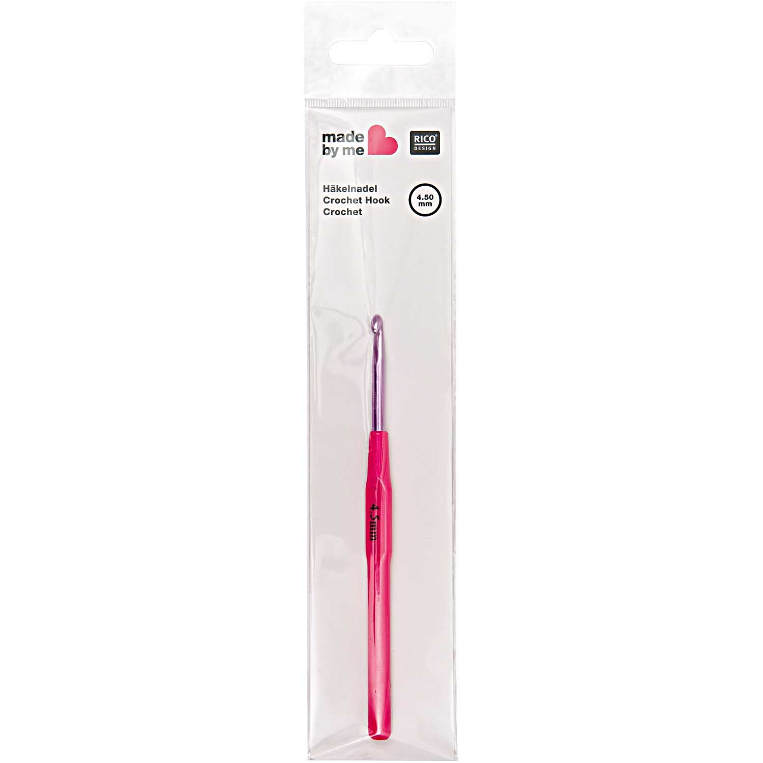 Häkelnadel 15cm von Rico Design in pink, verpackt in einer transparenten Plastikhülle.