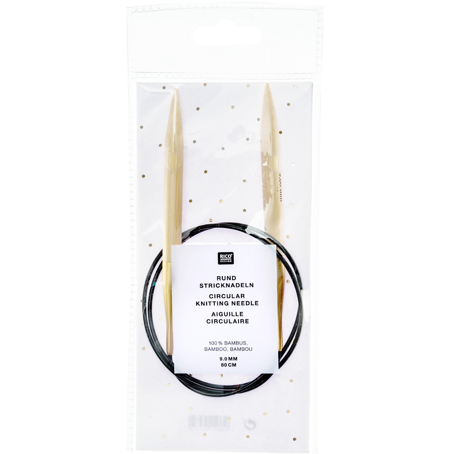 Rundstricknadel 80cm Bambus von Rico Design, beige Nadeln mit schwarzem Kabel in Verpackung.