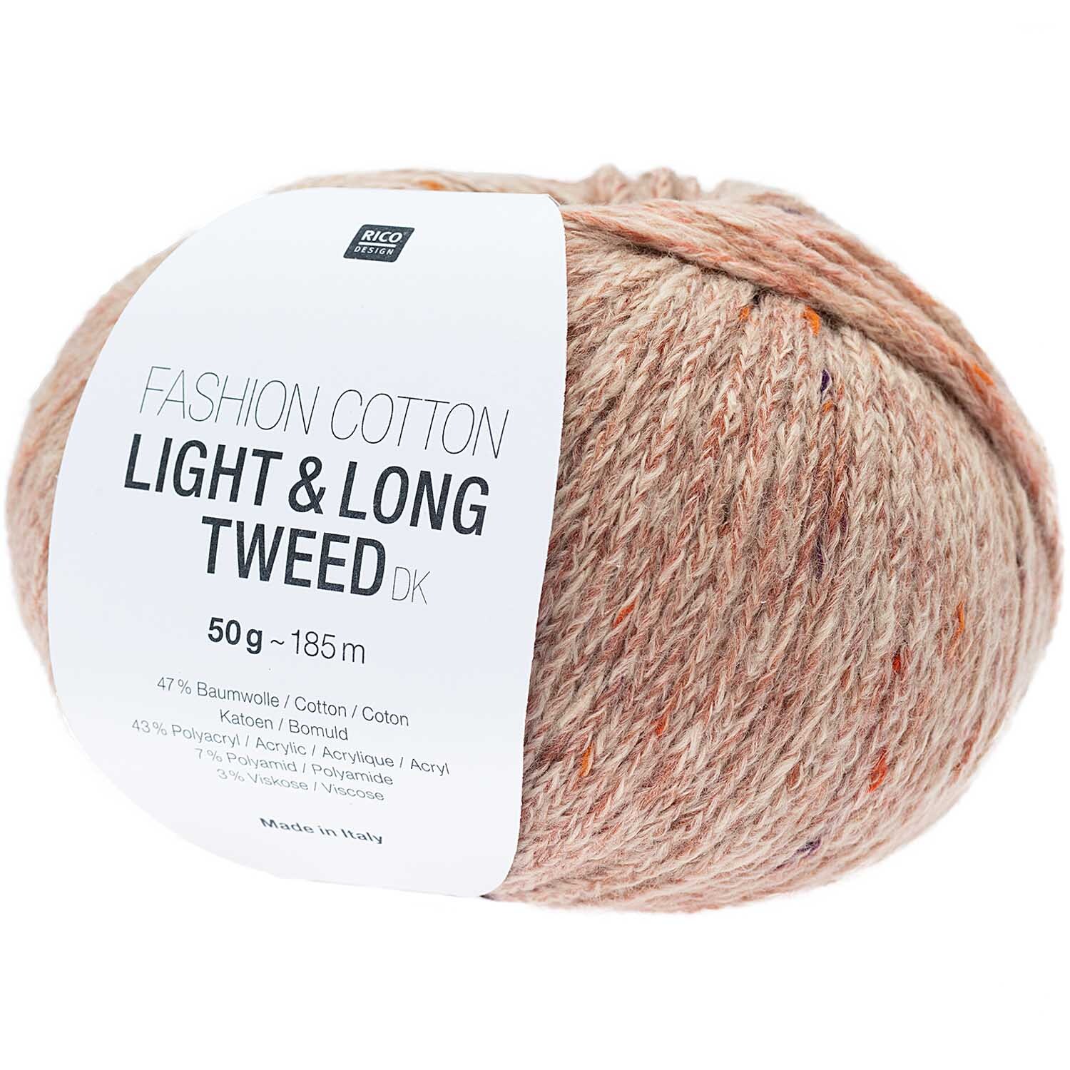 Fashion Cotton Light & Long Tweed dk: Weiches Garn in Lachs von Rico Design, 50g Knäuel mit 185m Länge. Ideal für Strickprojekte.