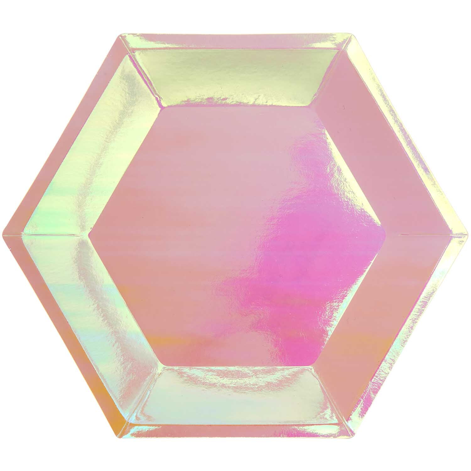Pappteller holographisch 27x23,5cm 10 Stück. Sechseckiger Teller mit schimmerndem holographischem Design von Rico Design.