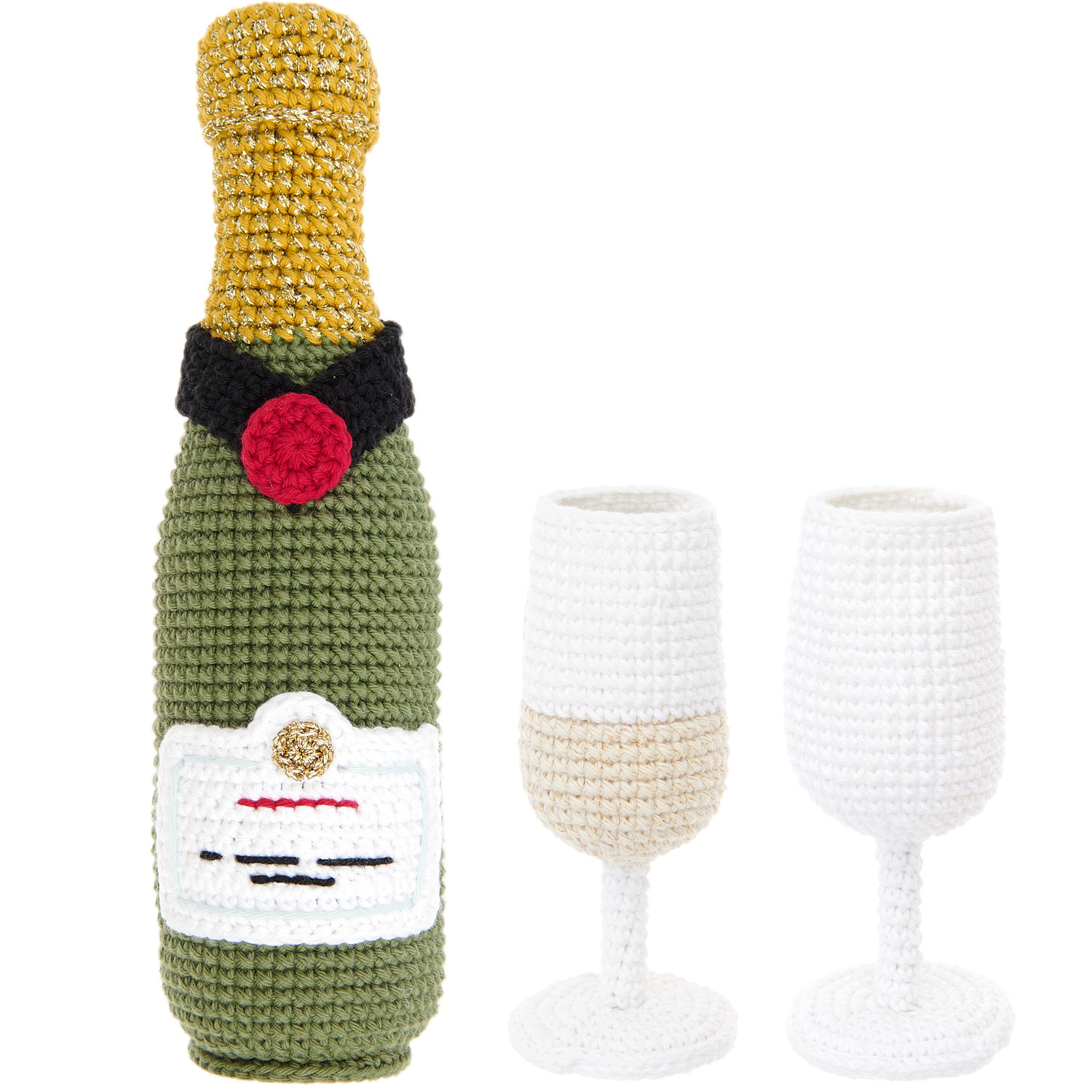 Ricorumi Häkelset Champagner: Gehäkelte Champagnerflasche mit zwei Gläsern, von Rico Design.