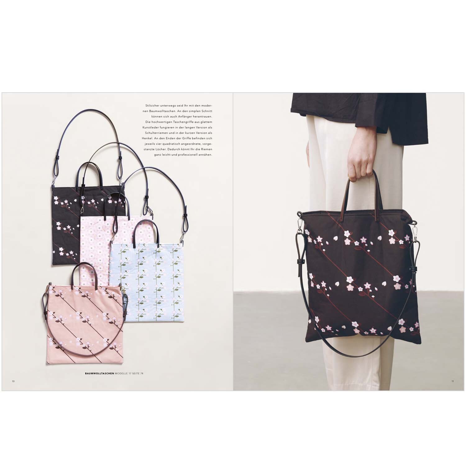 Das Rico Nähbuch Sakura Sakura zeigt Taschen mit Kirschblütenmuster in verschiedenen Farben.