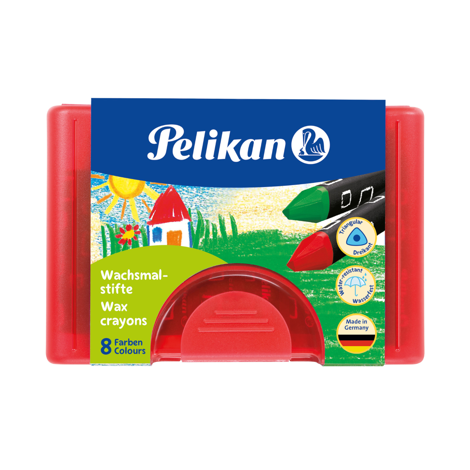 Wachsmaler dreieckig mit rotem Etui von Pelikan, 9-teilig, ideal für kreative Kinderzeichnungen.