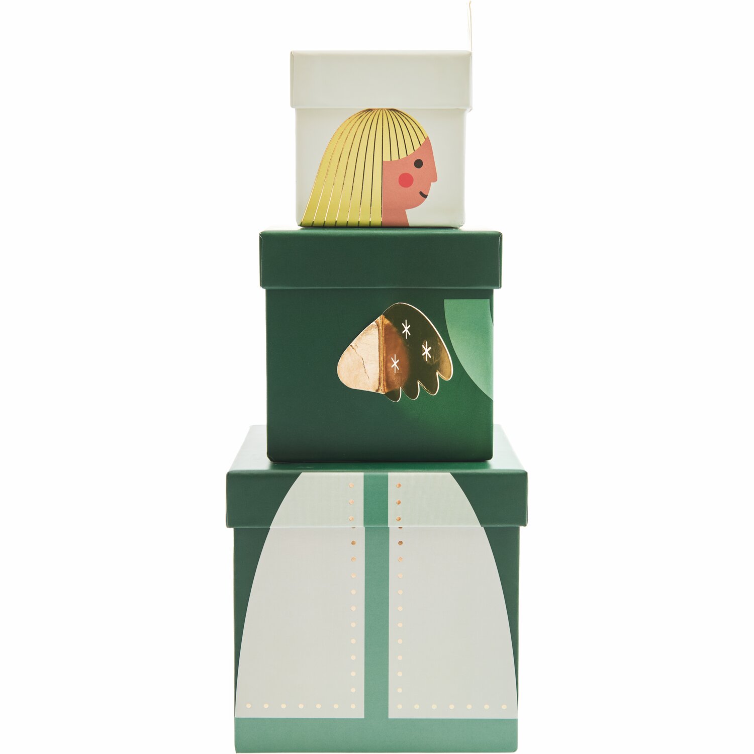 Geschenkboxen-Set Engel, 6-teilig, in Grün und Weiß mit Engelsmotiv, ideal für festliche Anlässe.