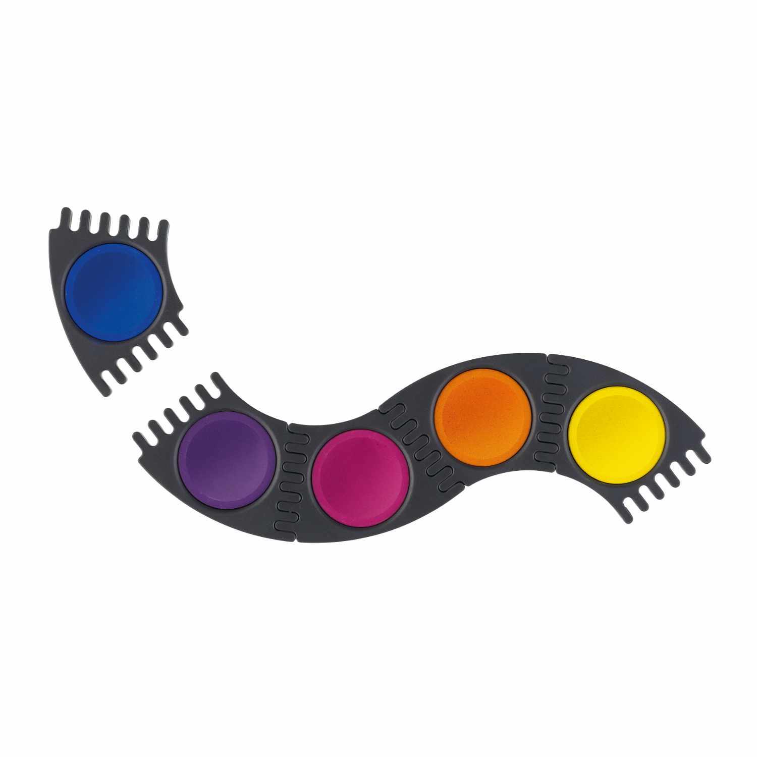Farbkasten Connector 12 Farben von Faber Castell mit fünf leuchtenden Farbschalen in geschwungener Anordnung. Ideal für kreative Projekte.