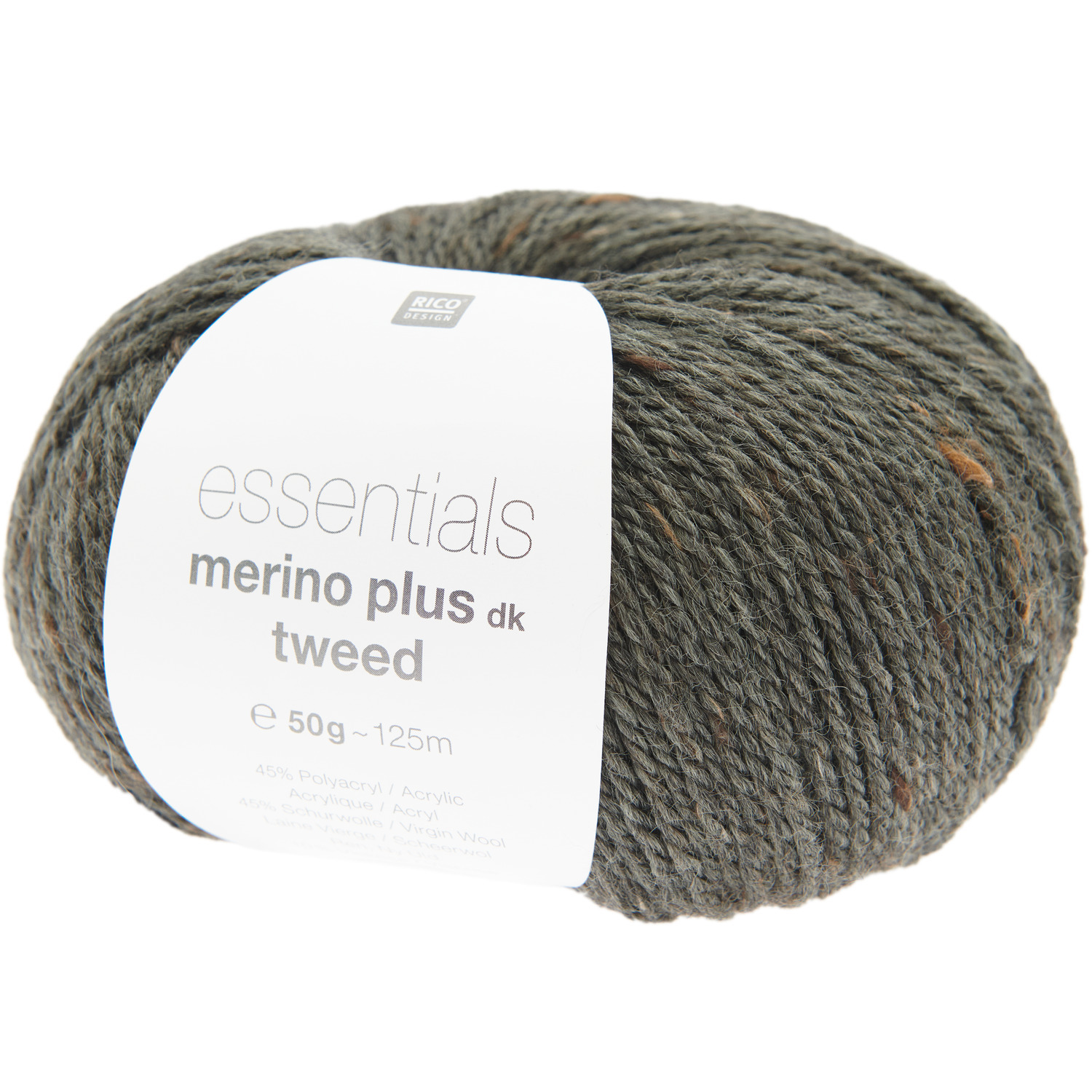 Essentials Merino Plus Tweed dk: Weiches Garnknäuel in Oliv von Rico Design, ideal für Strickprojekte.