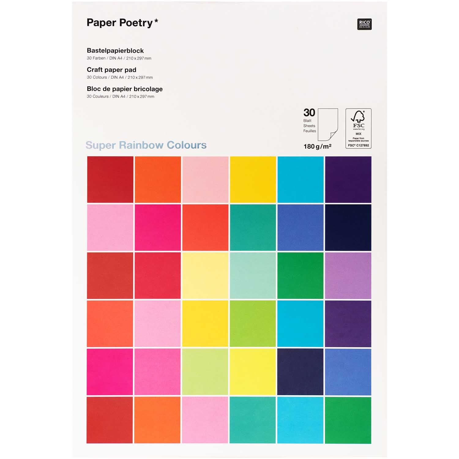 Paper Poetry Bastelblock zeigt 30 bunte Blätter in Regenbogenfarben, ideal für kreative Projekte.