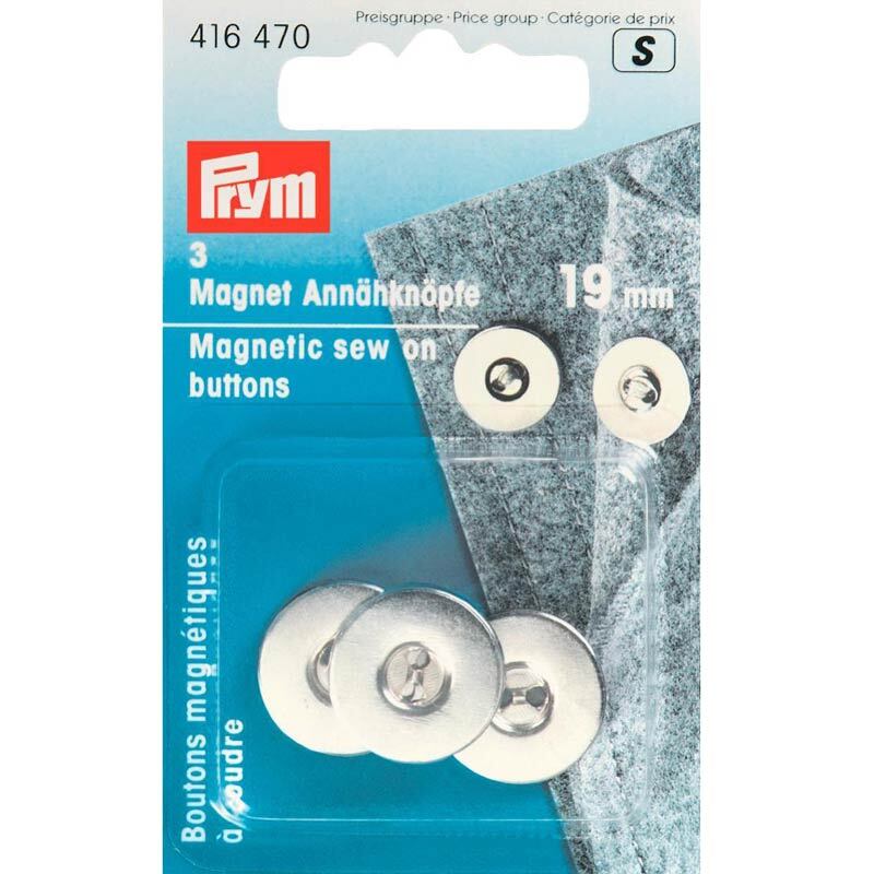 Magnet-Annähknöpfe in silberner Farbe von Prym, verpackt auf blauem Hintergrund, 19 mm, 3 Stück.