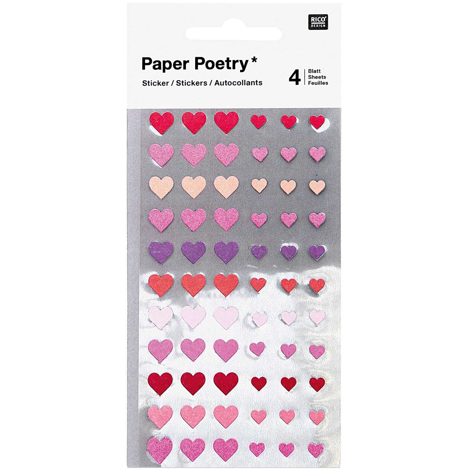 Paper Poetry Sticker Herzen 264 Stück von Rico Design zeigen bunte Herzsticker in Rot- und Rosatönen auf einem Blatt.