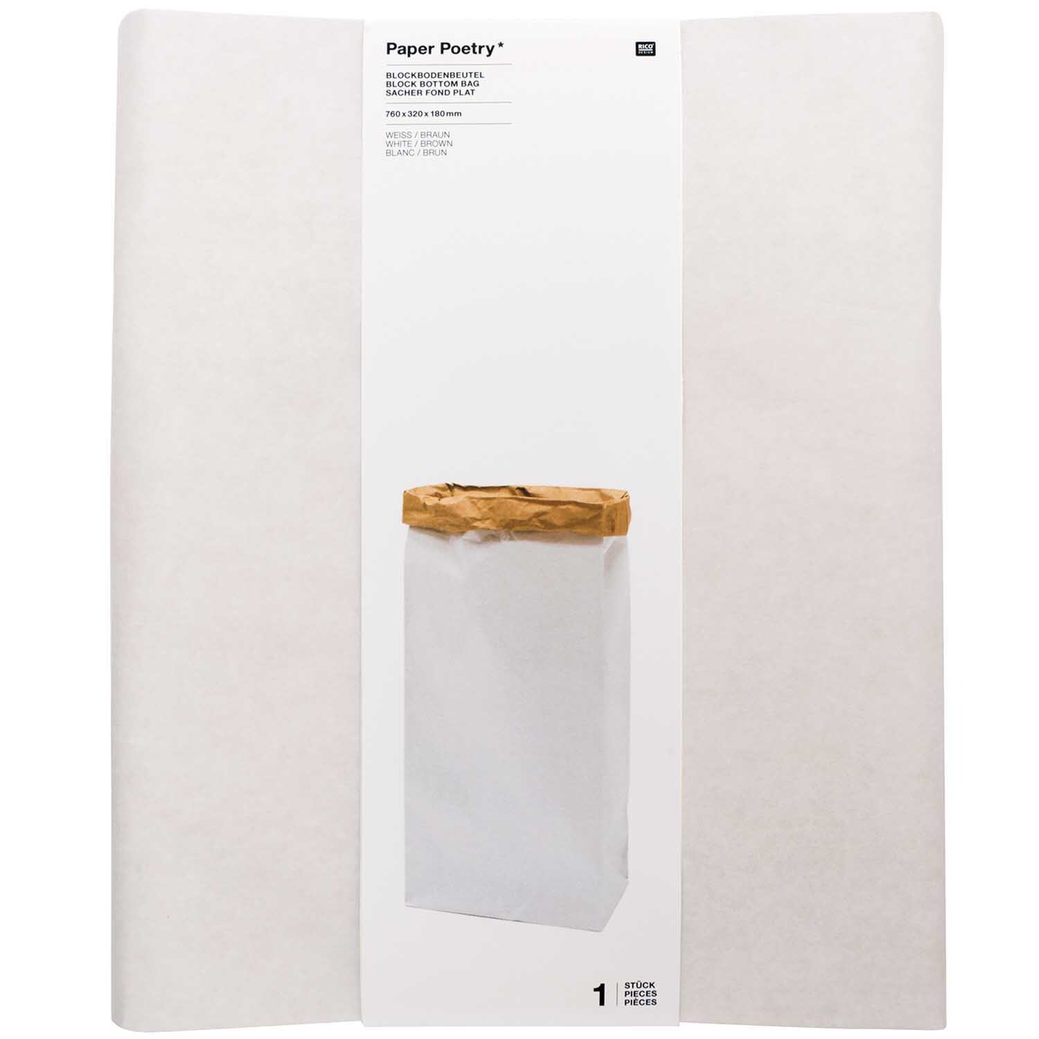 Paper Poetry Maxi-Blockbodenbeutel XL von Rico Design in Weiß-Braun, ideal für stilvolle Aufbewahrung.