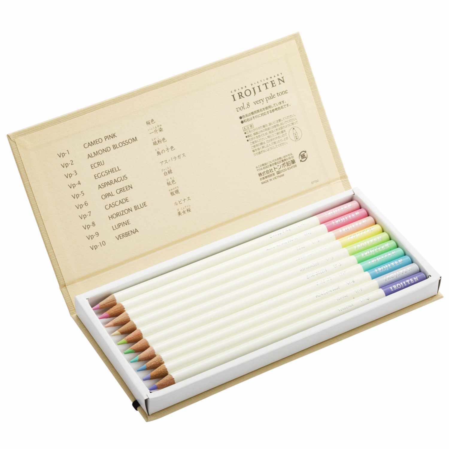 IROJITEN Farbstifte Set Pastellfarben III zeigt 10 Tombow Farbstifte in sanften Tönen in einer offenen Box. Ideal für kreative Projekte.