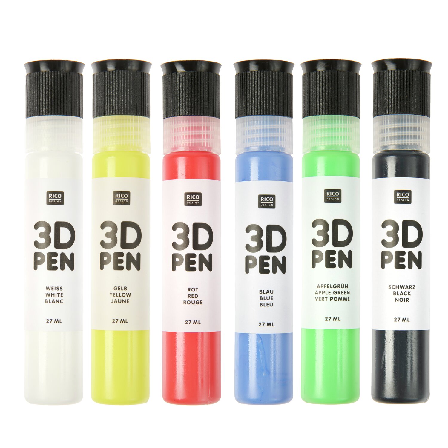 3D Pen Classic Colours Set, Rico Design, 6x27ml, sechs Stifte in Weiß, Gelb, Rot, Blau, Grün und Schwarz für kreative 3D-Malprojekte