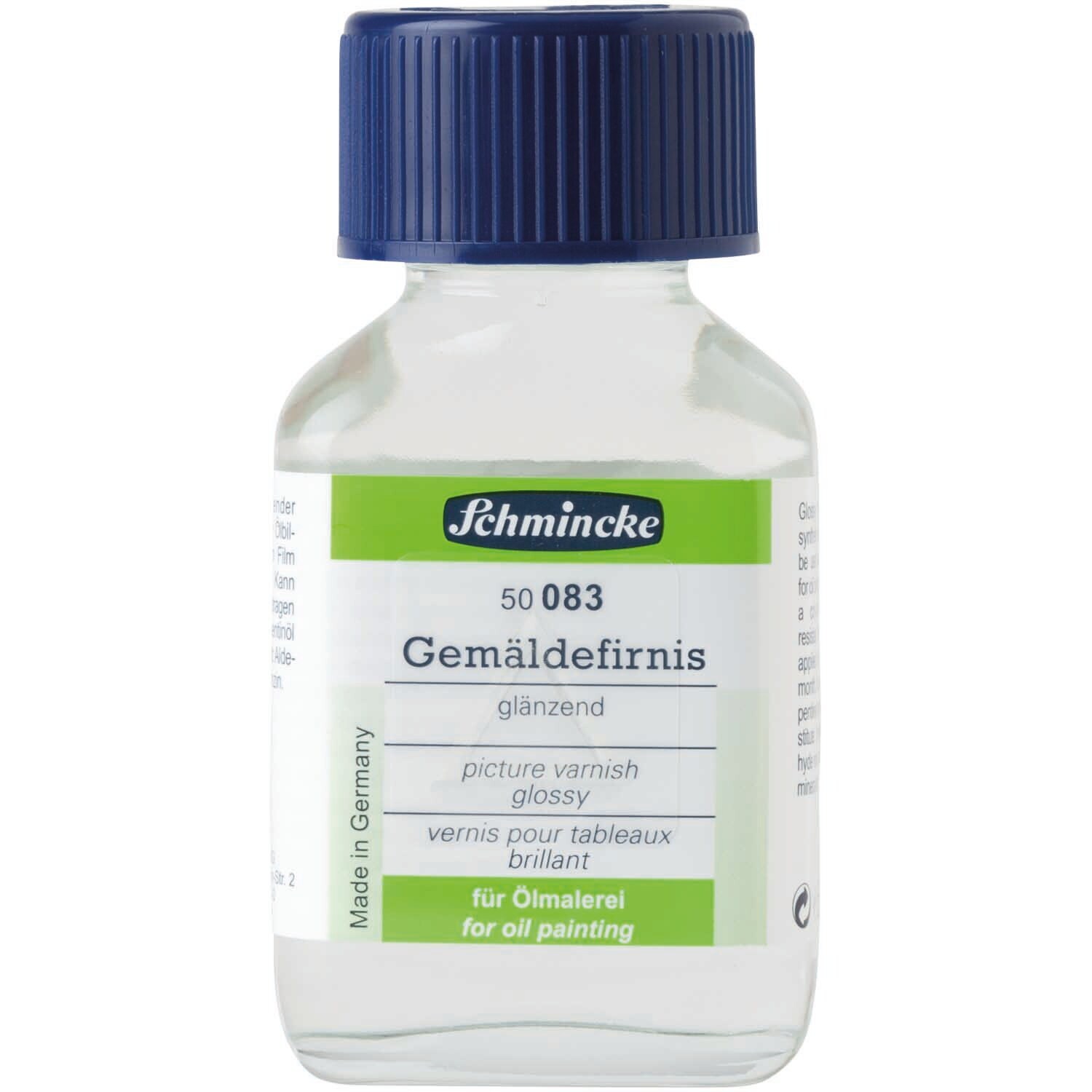 Gemäldefirnis 60ml von Schmincke in einer transparenten Flasche mit blauem Deckel, ideal für Ölgemälde.