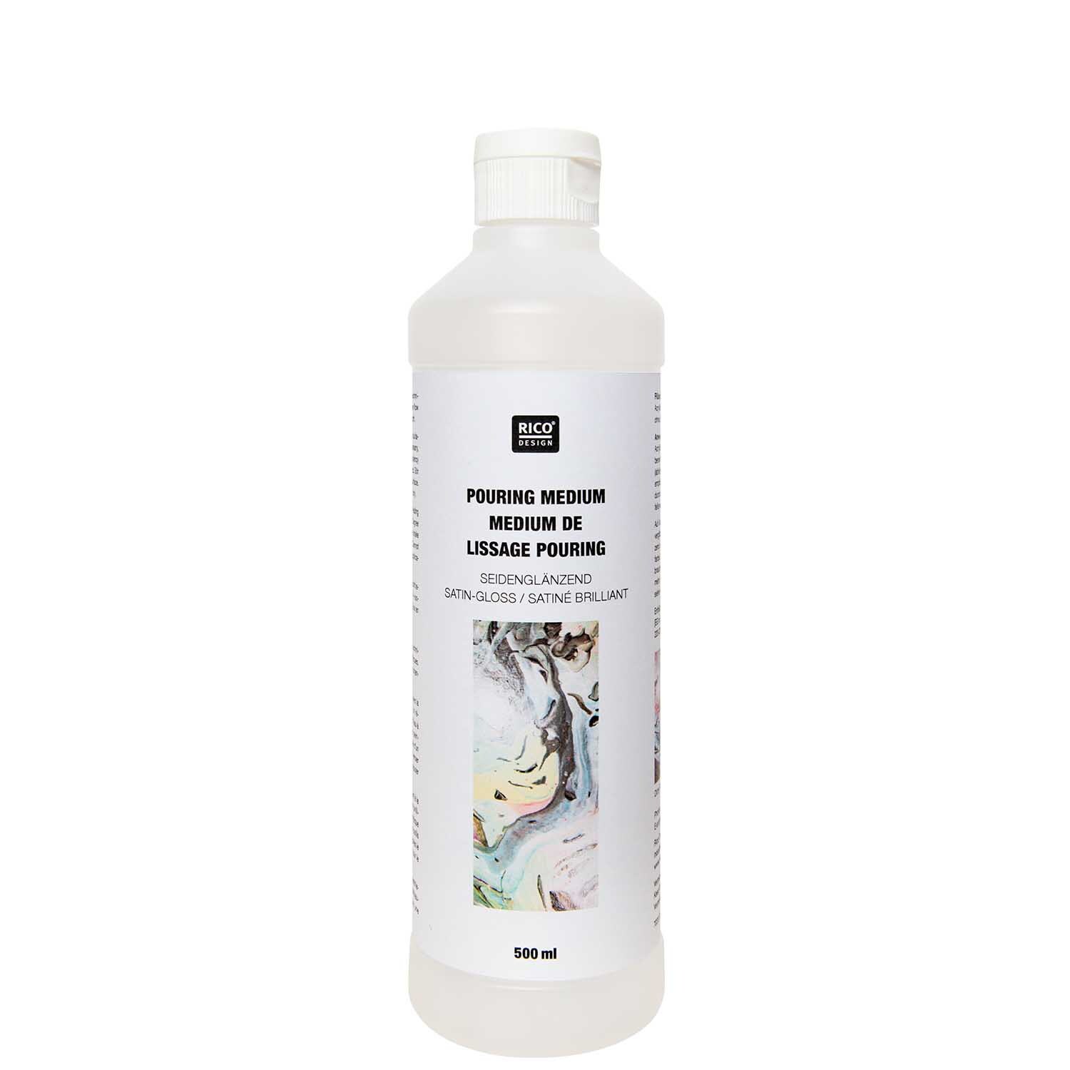 Pouring Medium seidenglänzend von Rico Design in einer transparenten Flasche, ideal für kreative Maltechniken.