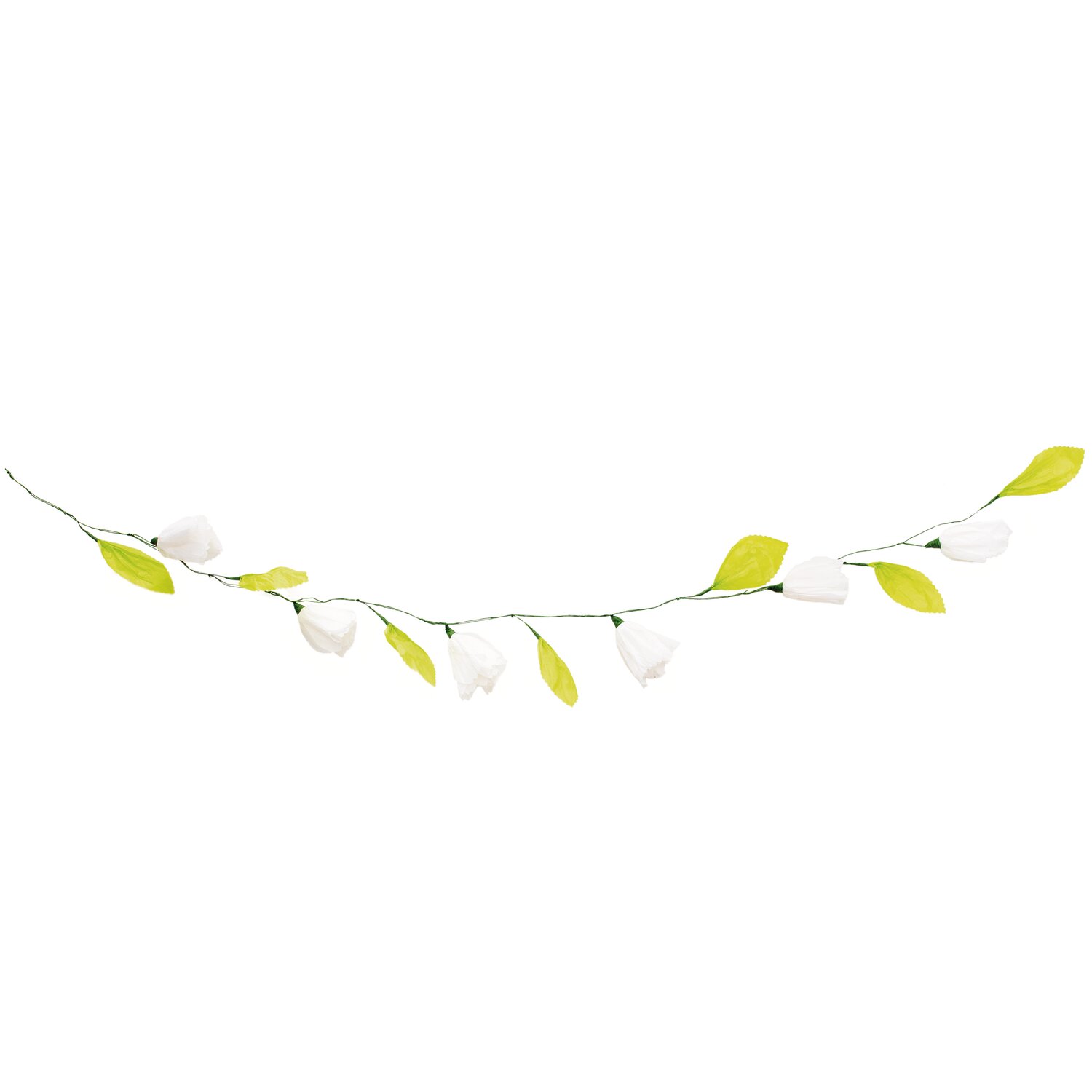 Papierblumen Girlande weiß 180 cm mit grünen Blättern, ideal für Dekorationen.