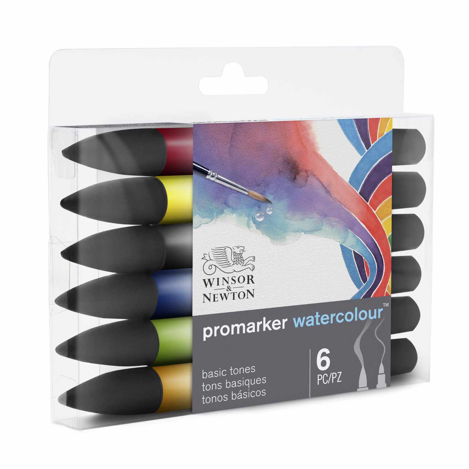 Promarker Aquarellmarker 6 Stück von Winsor & Newton, in einer transparenten Verpackung mit bunten Markern und künstlerischem Design.