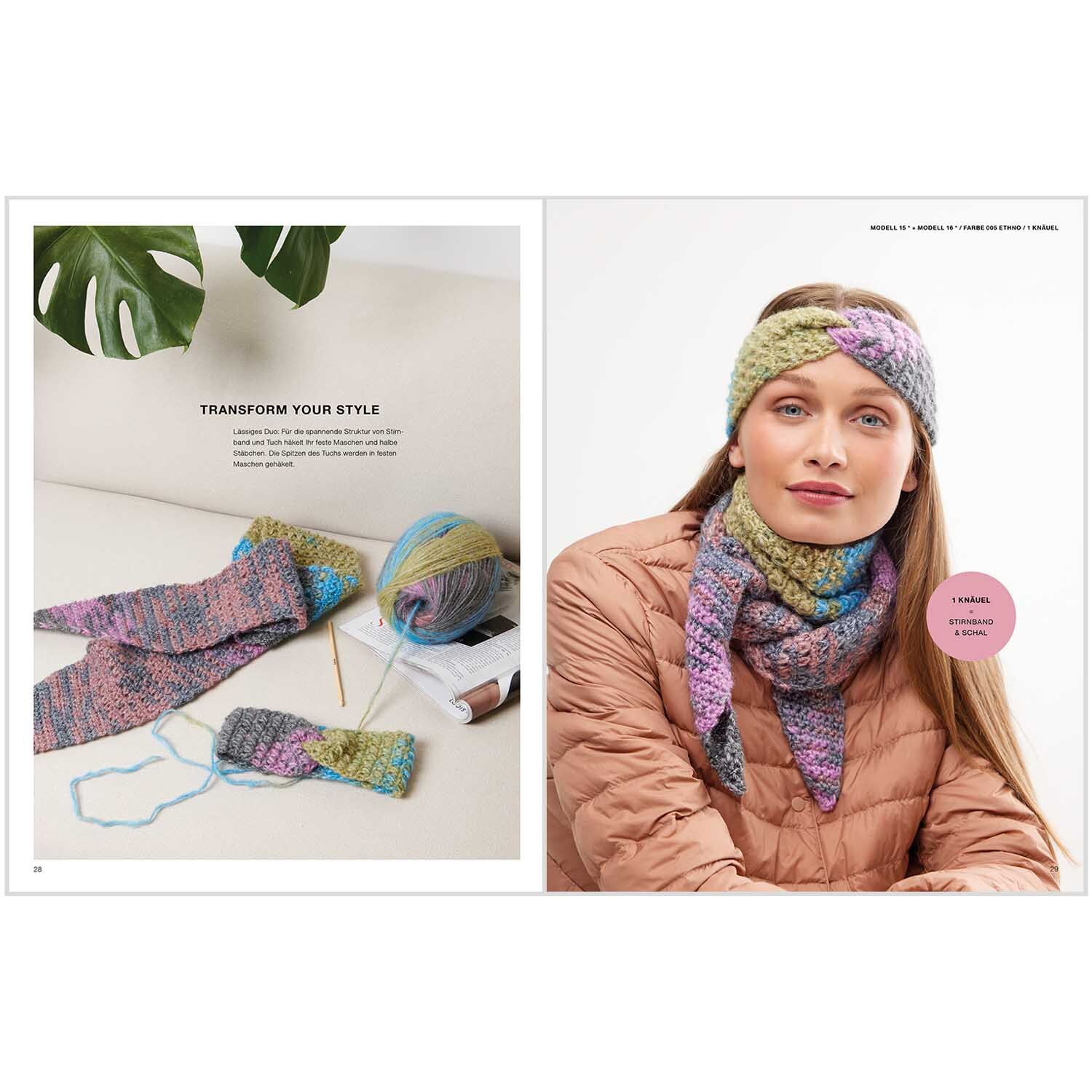 Creative Painted Power Special: Frau trägt gestricktes Stirnband und Schal in bunten Farben von Rico Design.