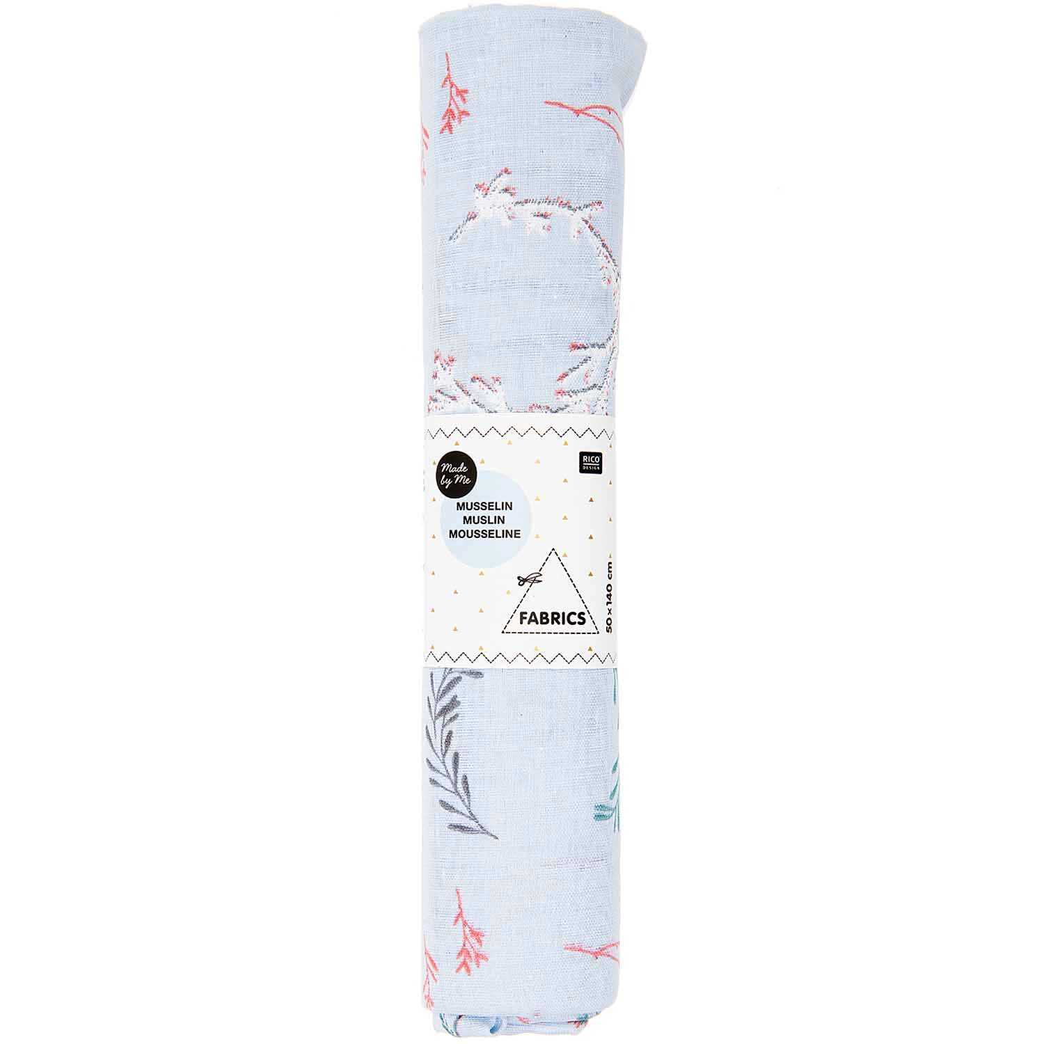 Musselin-Druckstoff Nostalgic Christmas Kränze hellblau 50x140cm von Rico Design