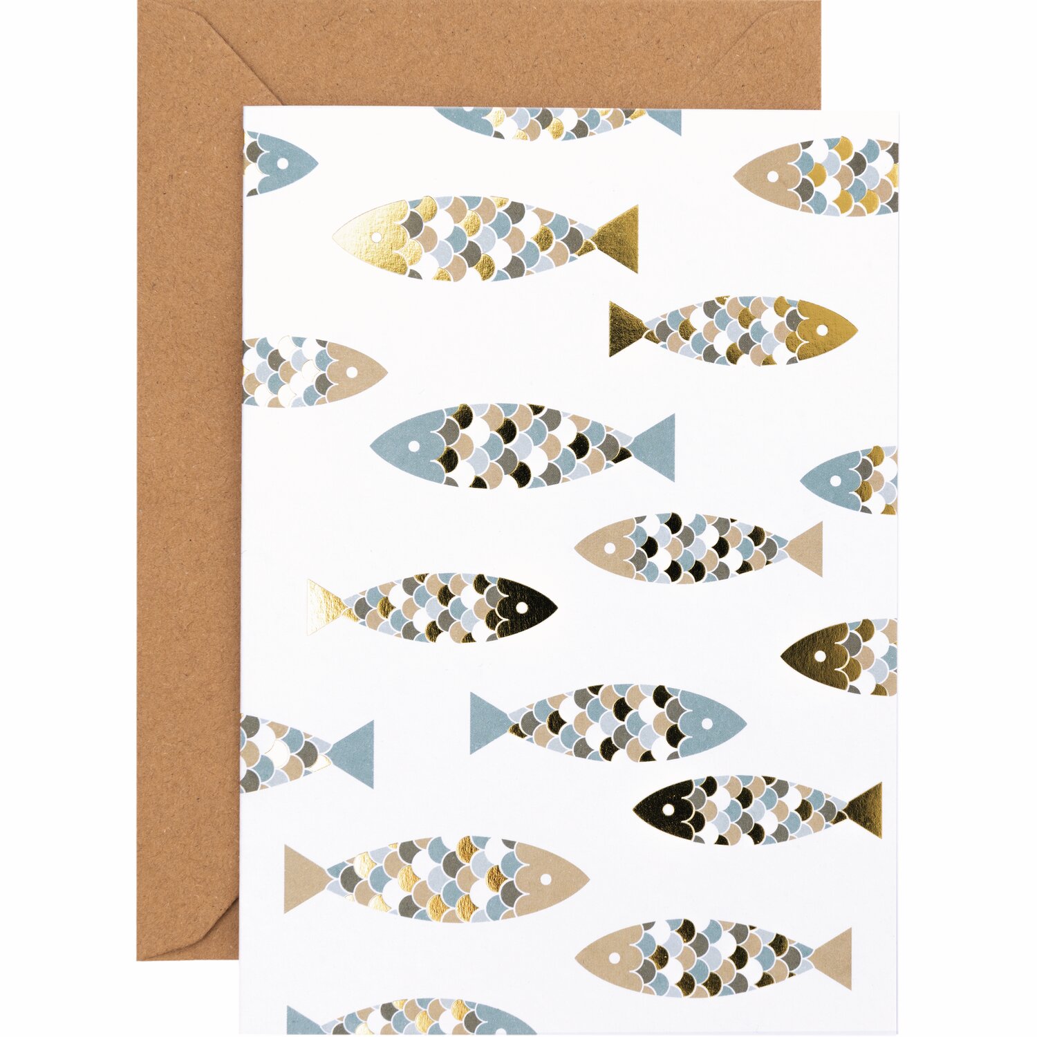 Paper Poetry Kartenset Fische: 20-teiliges Set mit gold-blauen Fischmotiven auf weißem Hintergrund.
