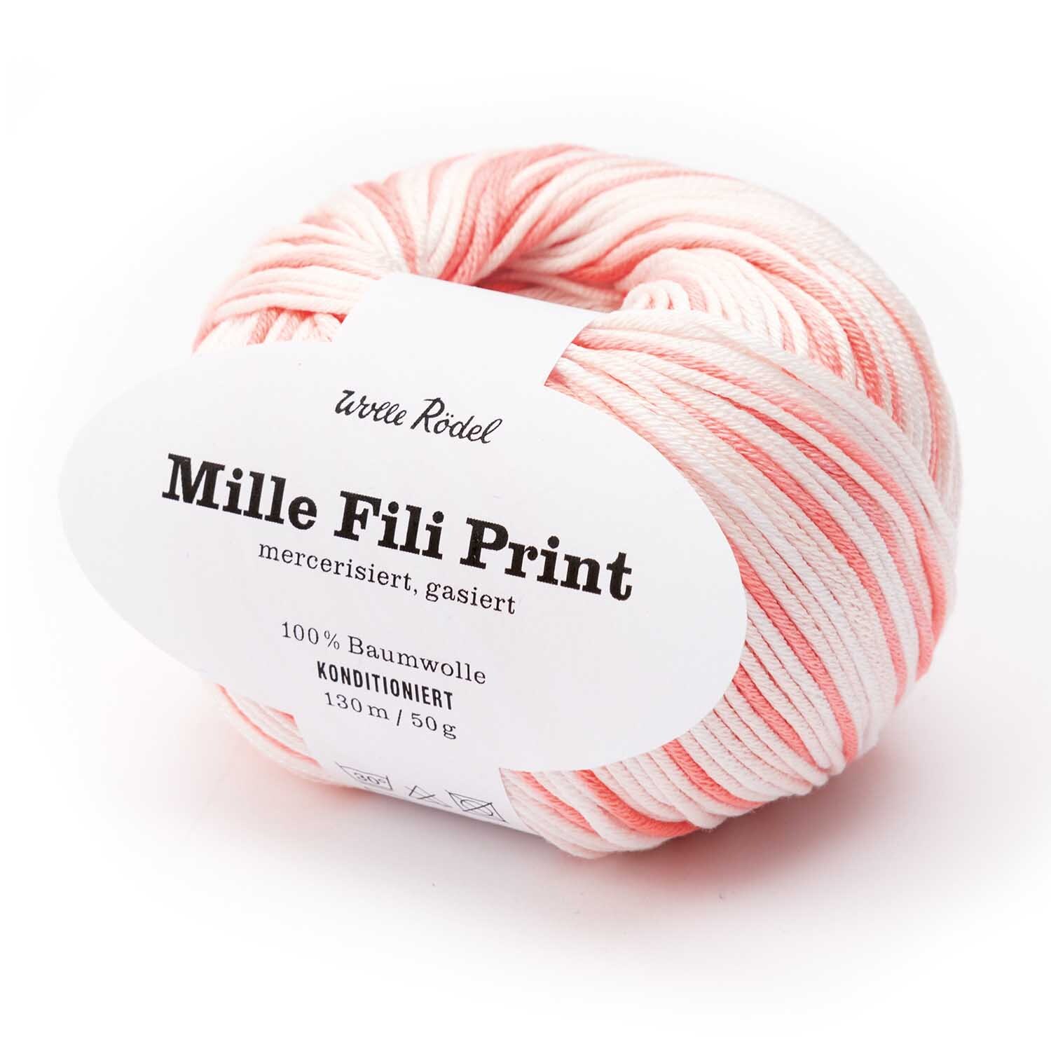 Mille Fili Print: Weiches Baumwollgarn in Melone-Mix von Wolle Rödel, 50g Knäuel, 130m Länge.