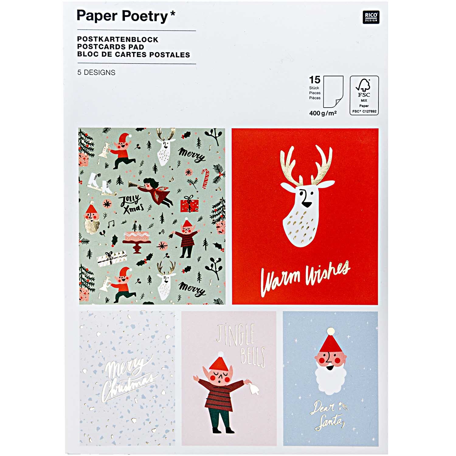 Paper Poetry Postkartenblock Jolly Christmas mit festlichen Motiven wie Rentier und Weihnachtsmann. Ideal für kreative Weihnachtsgrüße.