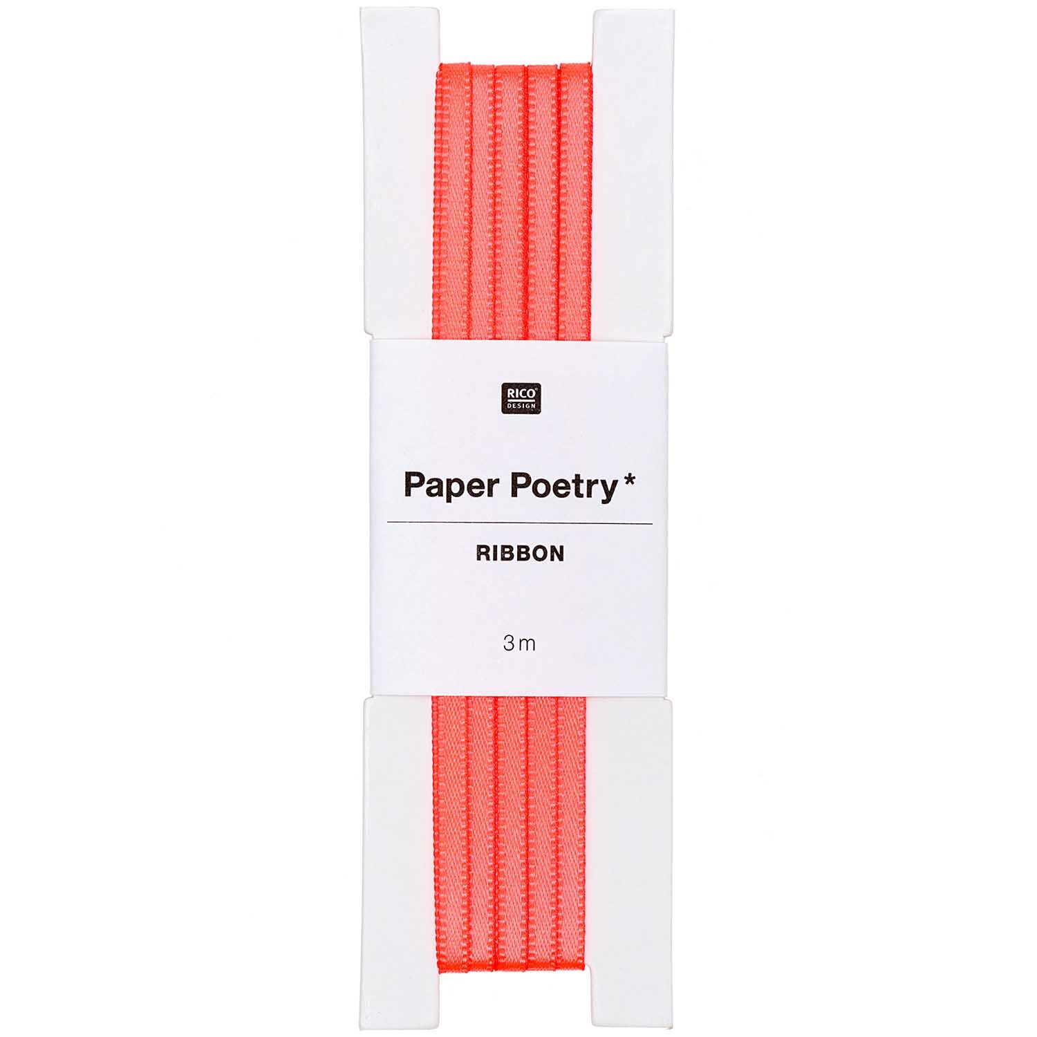 Paper Poetry Satinband 3mm 3m in leuchtendem Neon Orange von Rico Design, ideal für kreative Projekte.
