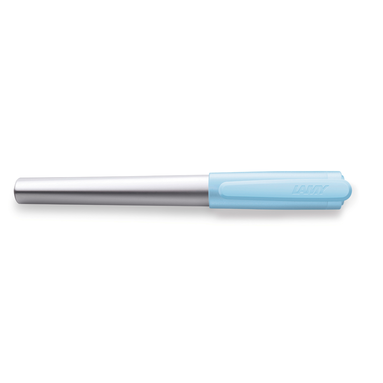 Füllhalter nexx mit silbernem Schaft und azurblauer Kappe, Marke Lamy, Feder A für komfortables Schreiben.