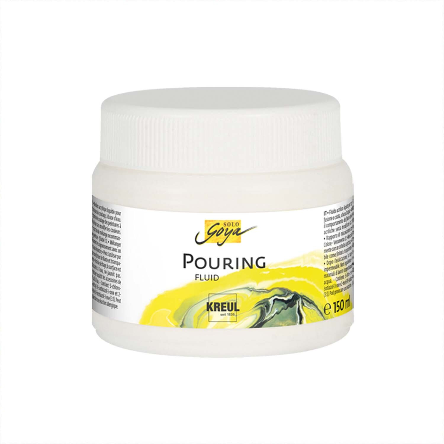 Solo Goya Pouring Fluid von KREUL in einem weißen Behälter mit gelbem und schwarzem Etikett. Ideal für kreative Maltechniken.
